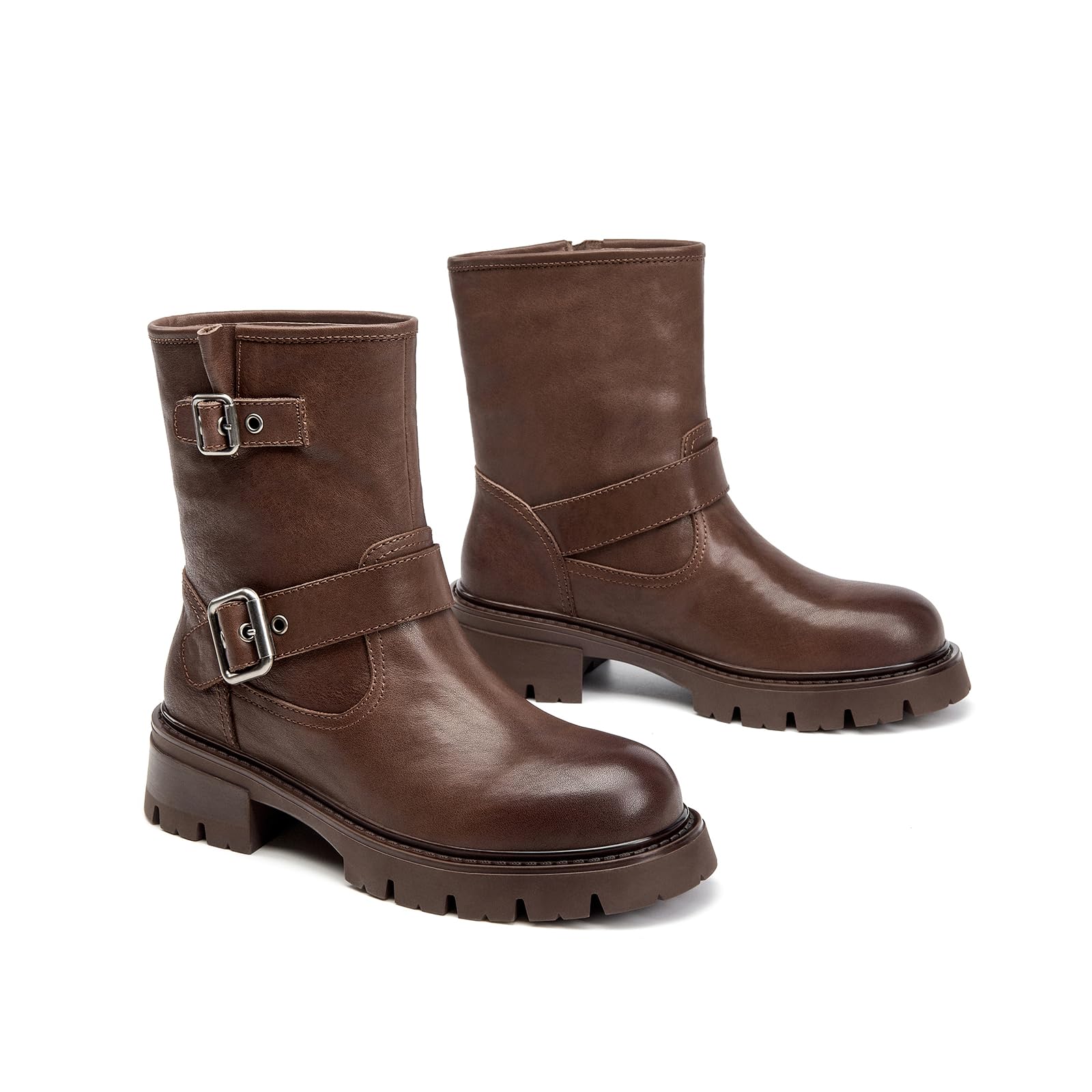 BEAU TODAY Motorcycle Boots Women Genuine Leather Platform Ankle Boots Womens Round Toe Chunky Low Heel Biker Boots