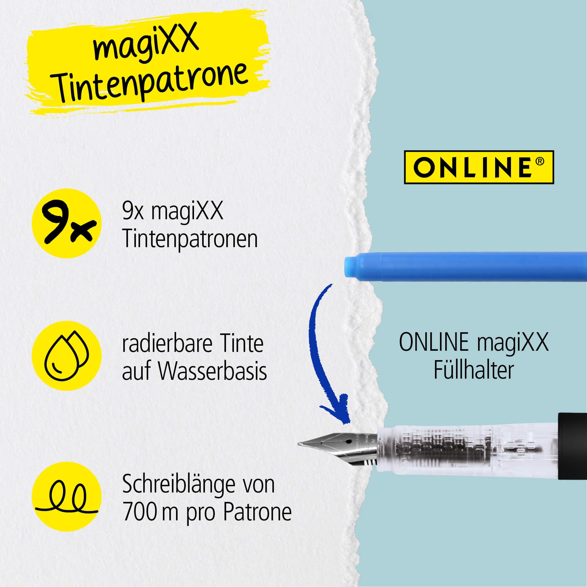 Online magiXX 9 x Erasable Ink Cartridges for MagiXX Ink Cartridge Fountain Pen I Value Pack Refill Cartridges Royal Blue I Erasable Fountain Pen I Erasable Ink - Image 2