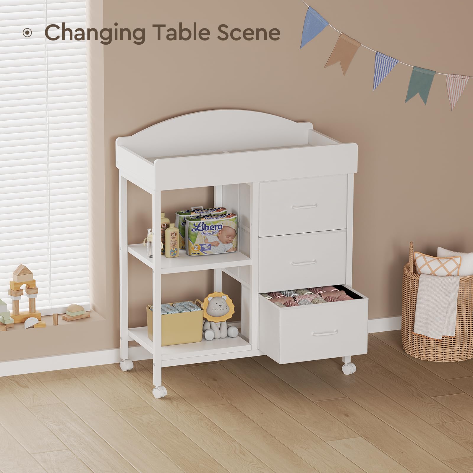 Changing Table Dresser, Baby Dresser with 3 Fabric Drawers and 2 Shelves, Multi-Functional Baby Changing Table with Pad, Classic Nursery Dresser, Diaper Changing Station for Nursery, White