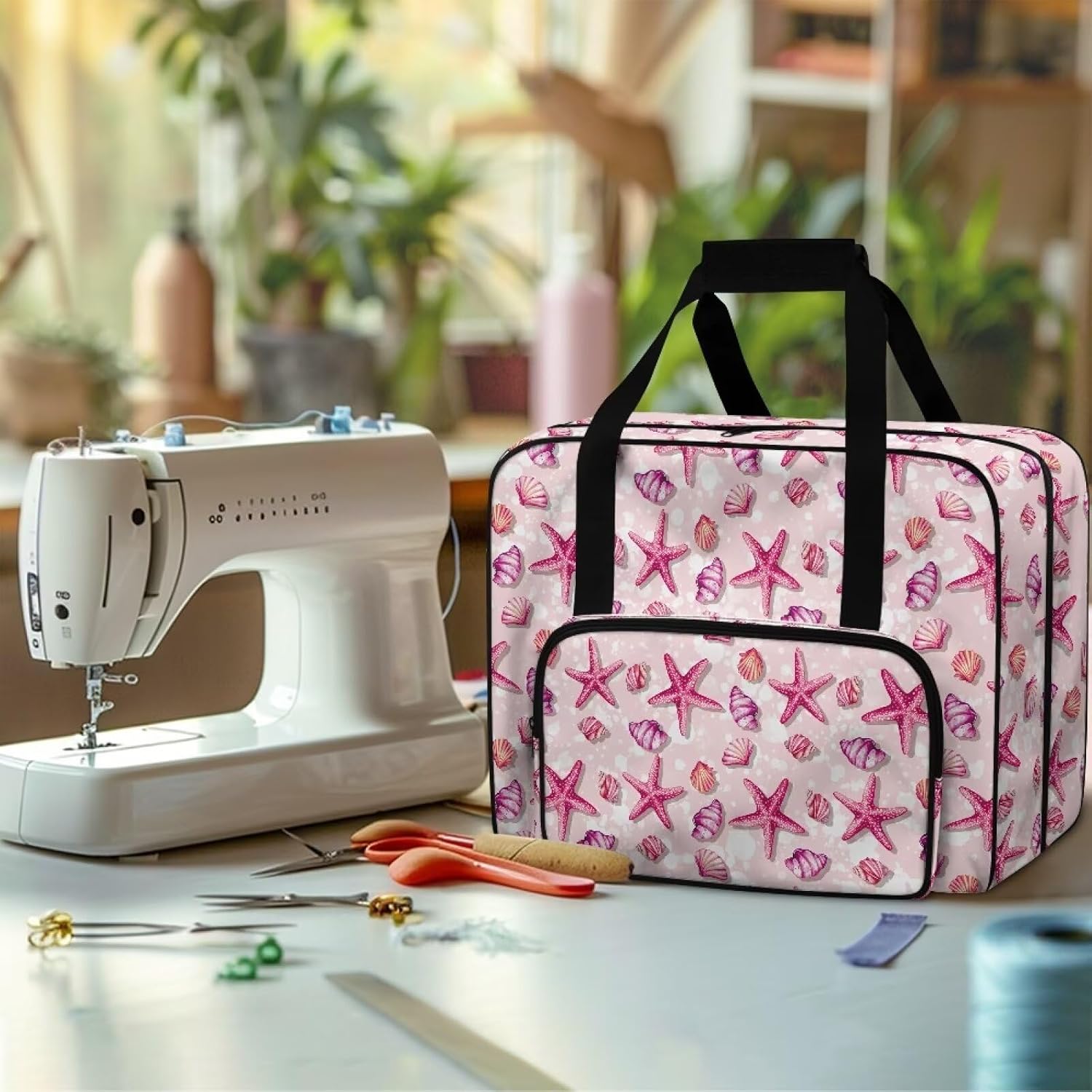 Sewing Machine Carrying Bag Portable Travel Tote Bag Large Capacity Sewing Machine Dust Storage Case Universal Portable Organizer Bag, Starfish Shell Pink