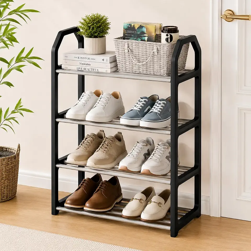 Sapateira Organizadora 4 Andares 8 Pares, Preta | Design Elegante Versátil e Compacto, Plástico e Alumínio, Ideal para Hall de Entrada e Quartos