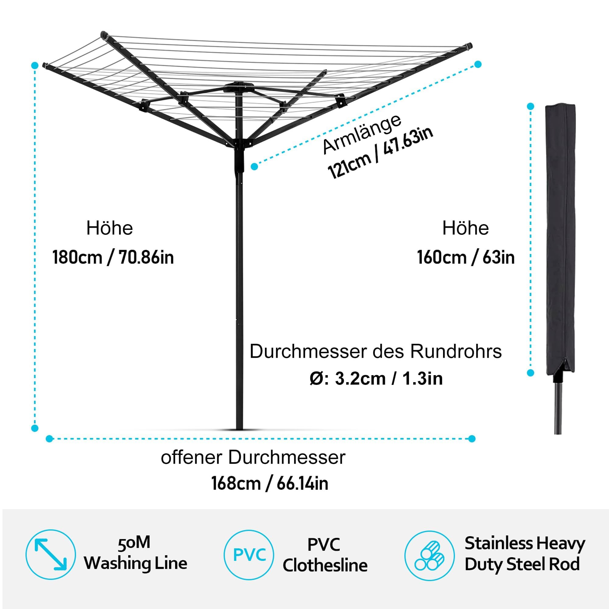 MYOYAY Wäschespinne Draußen, Faltbare 4-armig Wäscheständer mit Bodenhülse | Wäscheständer Wäschespinne für Garten große xxl Wäscheschirm mit Schutzhülle, 50m PVC Wäscheleine, Schwarz