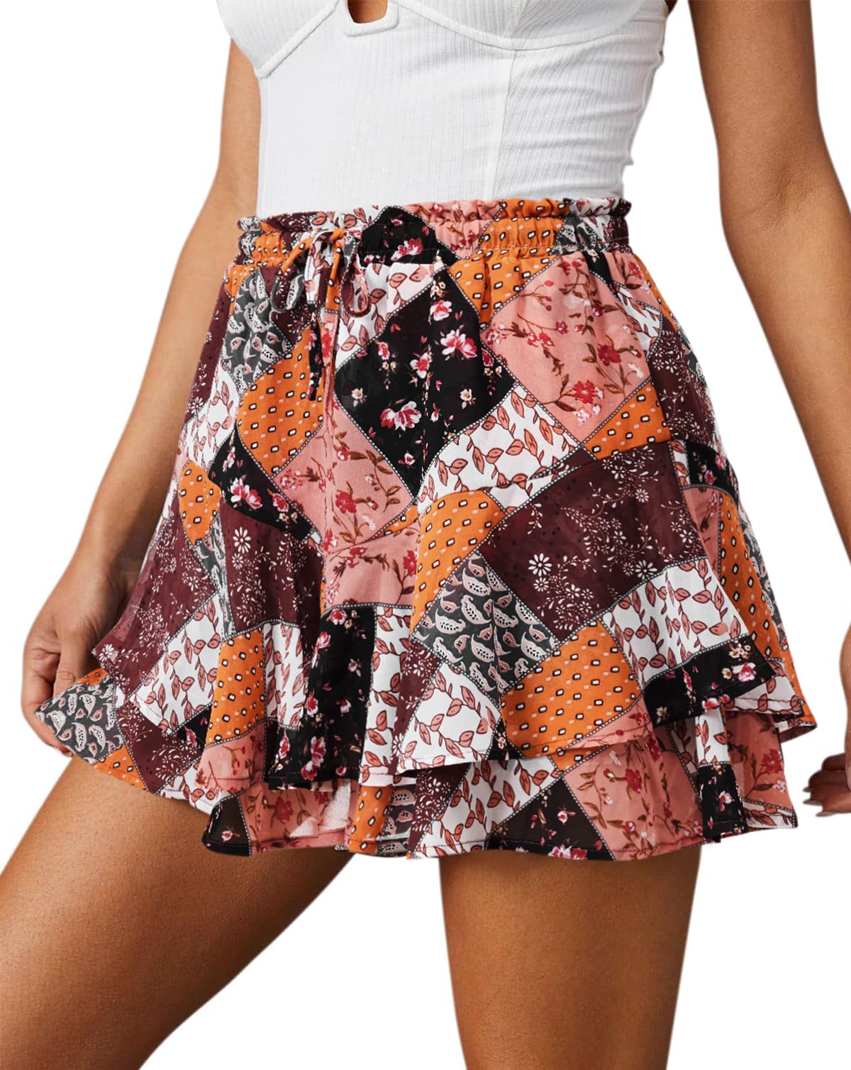 Flowy Shorts for Women Casual Cute Floral Skorts Chiffon Ruffle Tennis Mini Skirts Butterfly Summer Boho Shorts