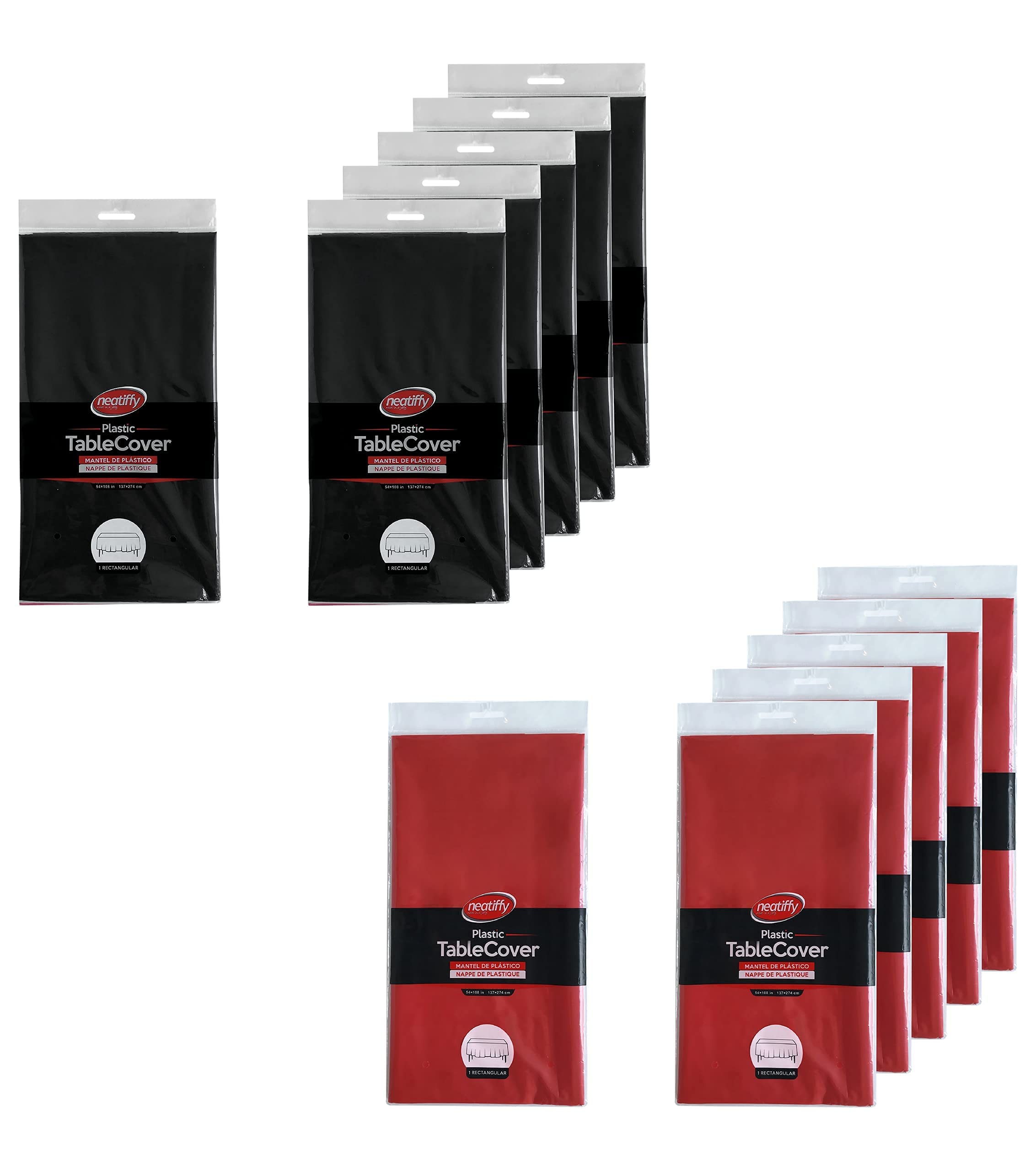 Neatiffy 54 x 108 Inch 6 Pack Rectangle Plastic Table Cloth Picnic/Party/Banquet Table Cover. Disposable/Reusable Tablecloths (Red, Black)
