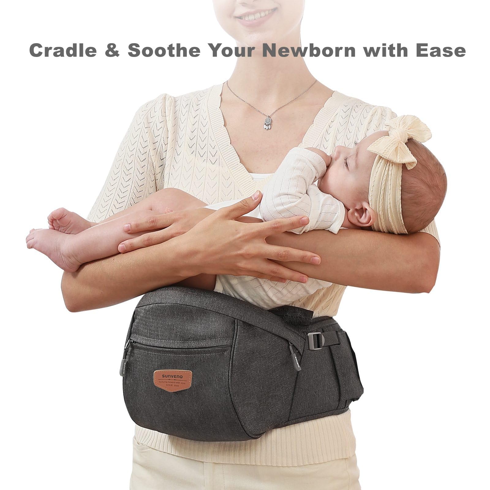 SUNVENO Baby Siège de Hanche Ergonomique, Porte-bébé Respirant avec Assise Physiologique, Porteur Souple en Tissus Certifiés Légers pour Nouveau-nés, Enfants, 6-38 lb, Gris