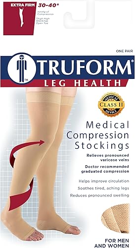 Miniatura 3 de Truform 30-40 mmHg Compression Stockings for Men and Women, Thigh High Length, Dot-Top, Open Toe, Black, X-Large