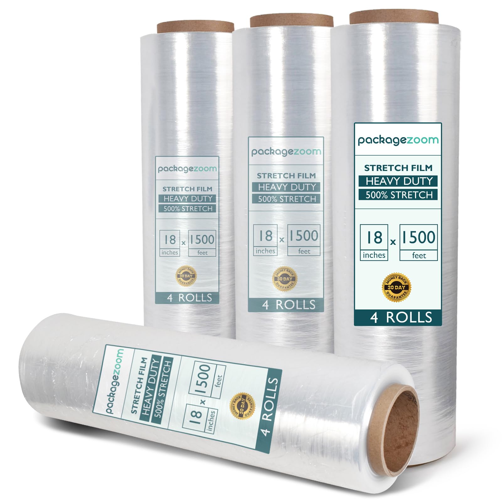 PackageZoom 4 Rolls 18” x 1500ft Heavy Duty Stretch Wrap Film – 55 Gauge Clear Plastic Pallet Wrap Roll for Moving, Packing, Shipping & Storage – Industrial Shrink Film Replaces 80 Gauge Wrap