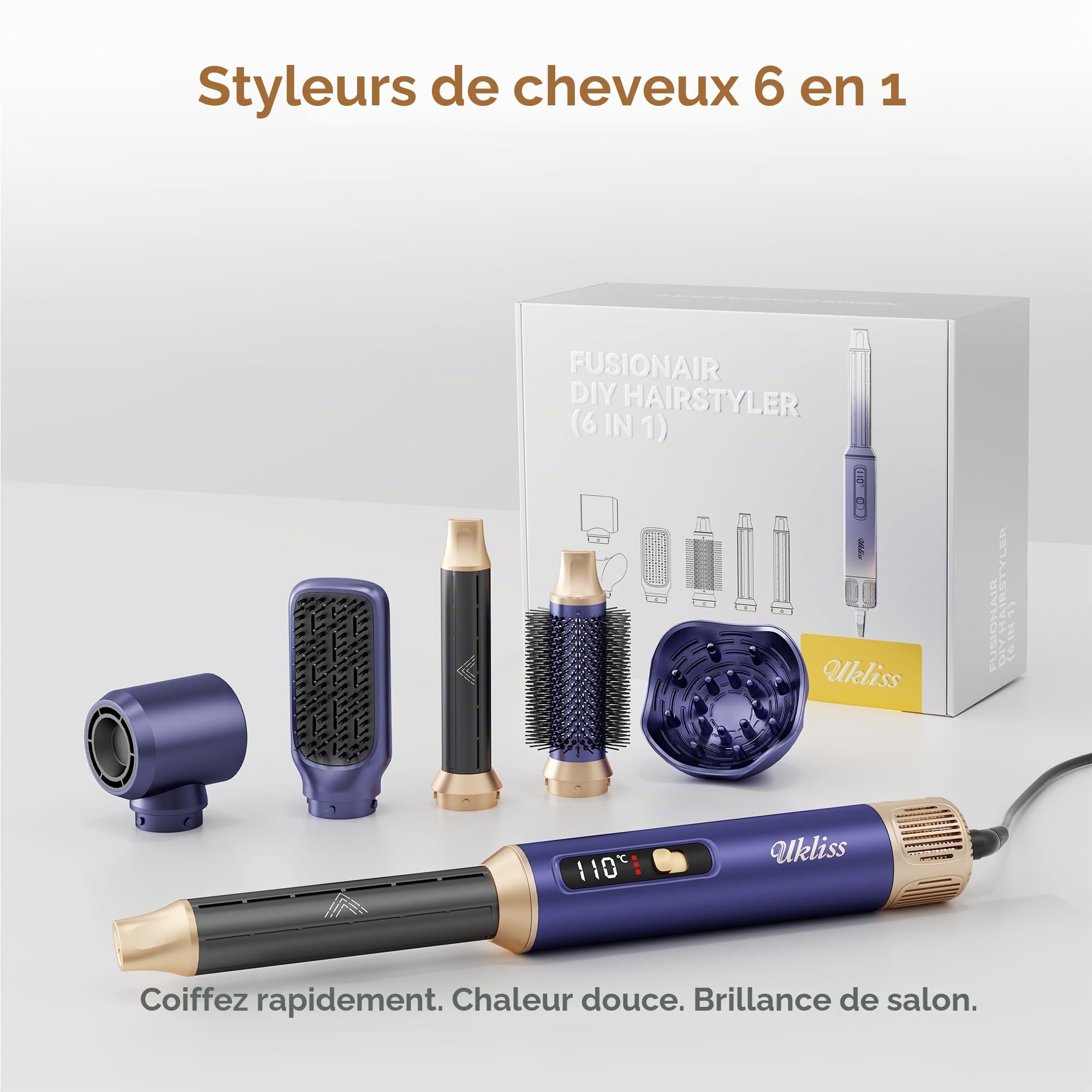 UKLISS Seche Cheveux Hair Styler 6 en 1,Diffuseur Cheveux Bouclés, Fer à Boucler à Air de 30 mm,LCD Affichage de la Température,Air Styler Multifonctionnel 1000w,Pour Lisser, Boucler les Cheveux