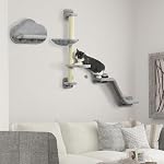 PawHut 3Pcs Cat Wall Shelf with Scratching Post, Cat Wall Shelves for Relaxing, Climbing, Cat Wall with Soft Ladder, Scratching Board, Hammock, Grey