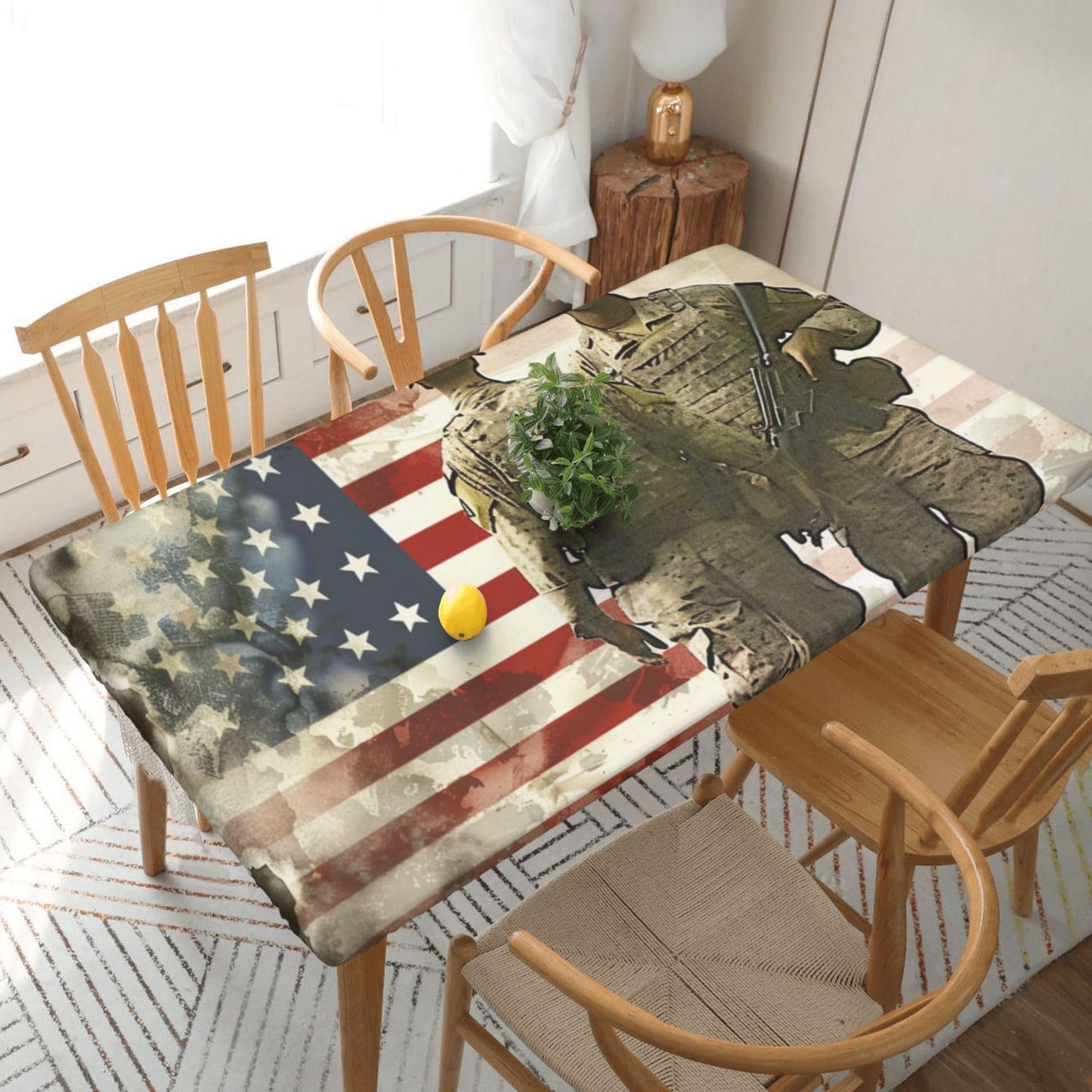 WPKJU US Military Soldiers Patriotic Memorial Day Printed Tablecloths 5ft Rectangular Table Covers Washable Polyester Decorative Table Cloth for Dining Table Picnic Wedding