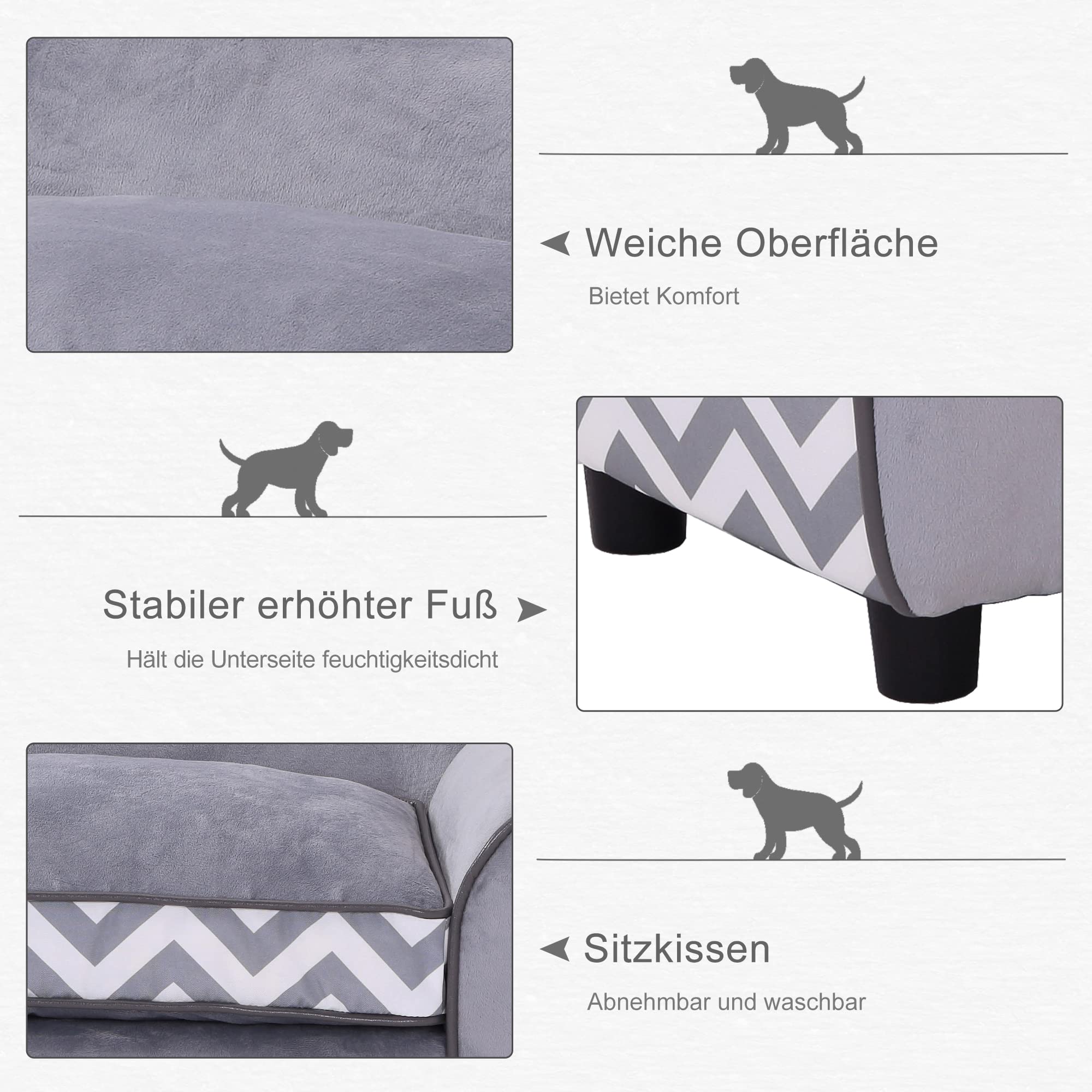 PawHut Canapé pour Chien et Chat avec Coussin Lavable en Velours Gris 73,5 x 41 x 33 cm