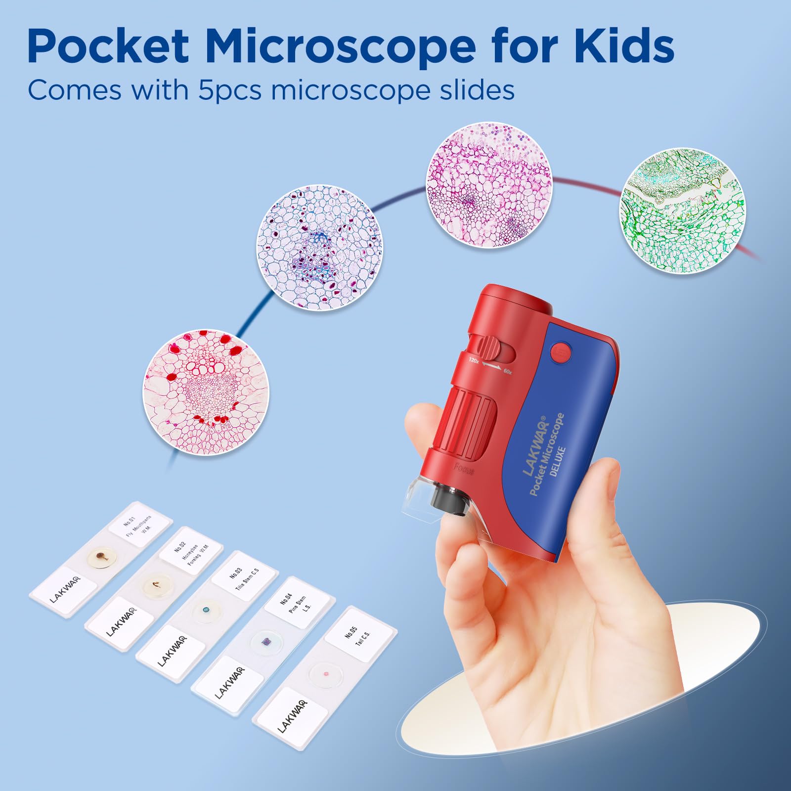 Mini microscopio de bolsillo 60x-120x para niños y adultos, microscopio portátil de mano con diapositivas de microscopio, microscopio portátil para niños pequeños científicos, estudiantes, 3