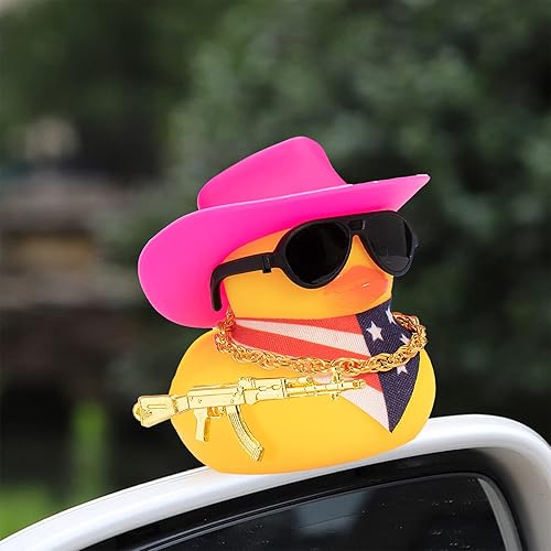 Miniatura 6 de wonuu Decoración de pato de goma para automóvil, accesorios de decoración de tablero de instrumentos de pato vaquero occidental con mini anillo de