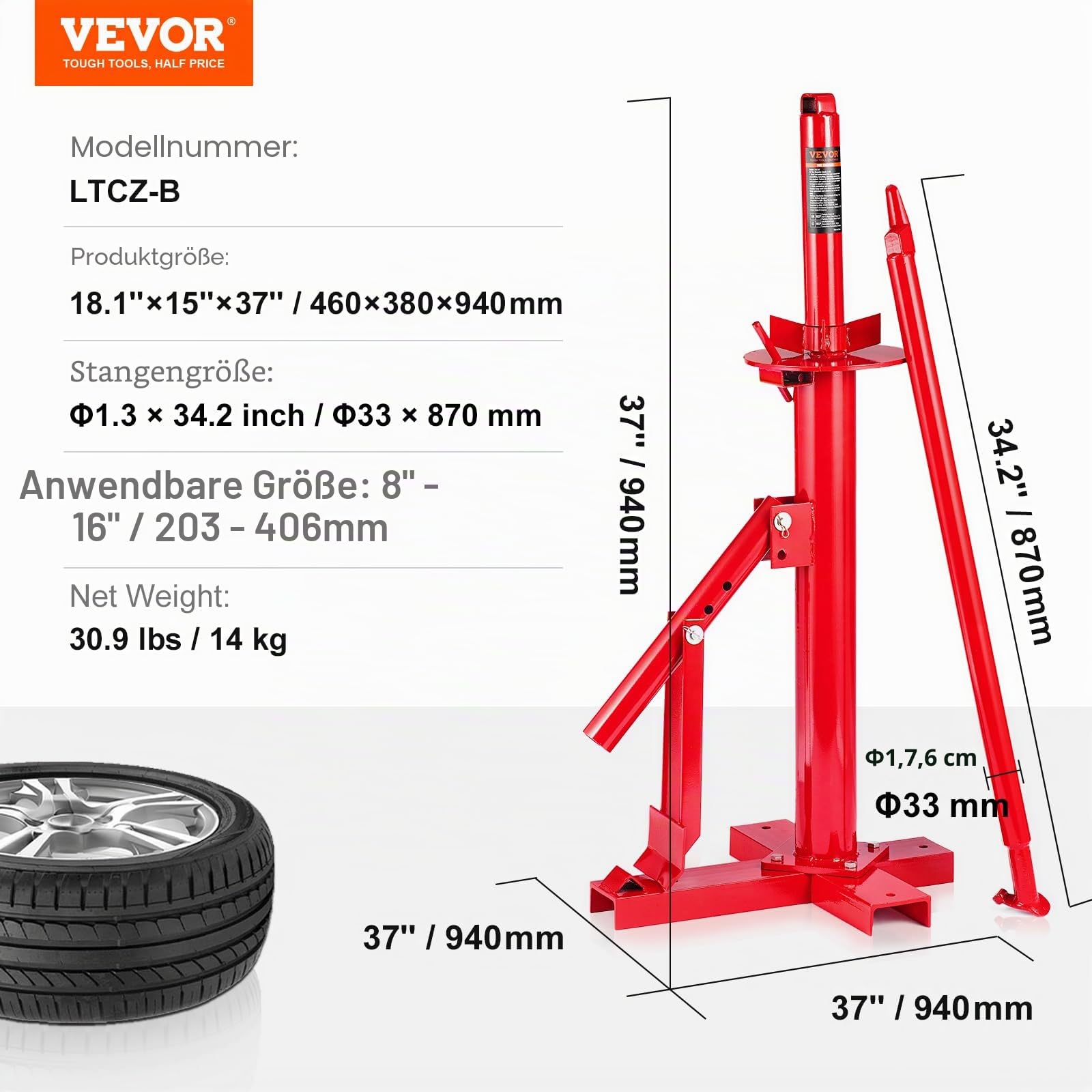 VEVOR Manueller Reifenmontierer, tragbarer Hand-Perlenbrecher Montagewerkzeug für 20,3 cm bis 40,6 cm Reifen, kompatibel mit Auto-LKW-Anhänger, Reifenmontagemaschine für Zuhause, Garage