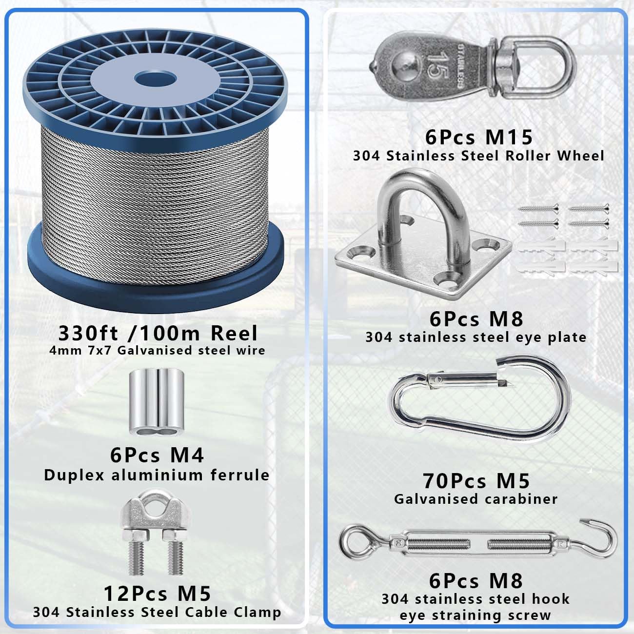 Heavy Duty 70FT Batting Cage Netting Wire Tension Kit Net Hanging Kits Inflatable Batting Cage Cable Kit Batting Cage Frame Kit for Home Backyard Softball Batting Cage and Outdoor Baseball