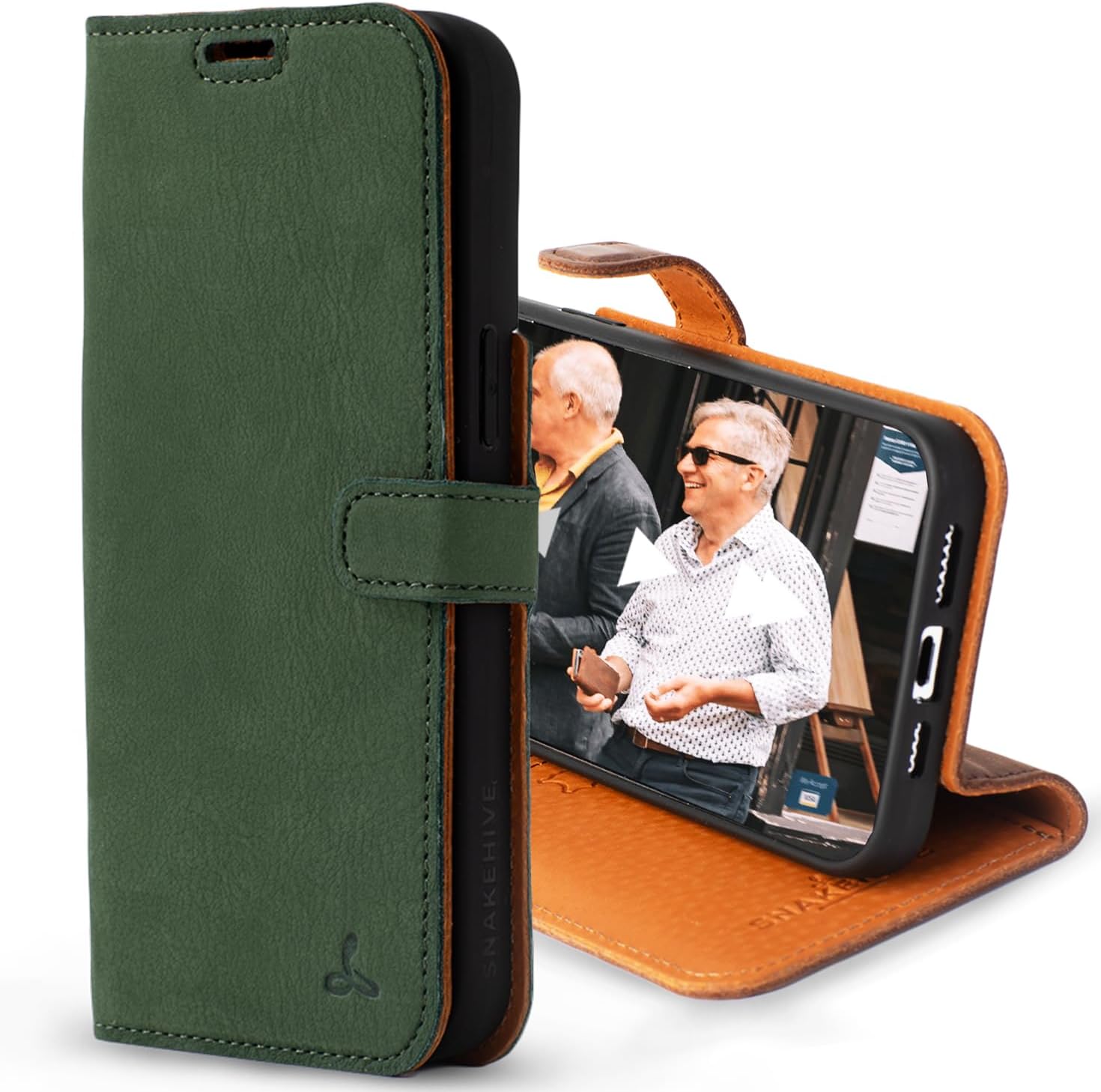 Snakehive Leather Wallet for iPhone 15 Pro Max - Real Leather Wallet Phone Case - Genuine Leather with Viewing Stand and 3 Card Holder - Flip Folio Cover with Card Slot (Green)