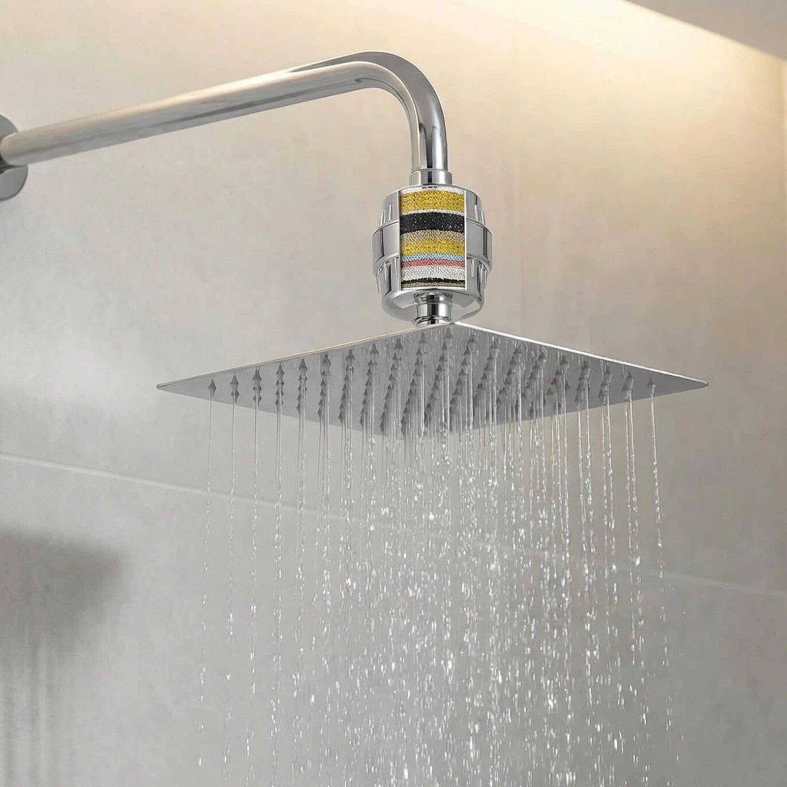 Conjunto de Cabezal de Ducha Tipo Lluvia y Filtro de Ducha Voolan, Cabezales de Ducha de Alta Presión Fabricados en Acero Inoxidable, Cartucho Filtrante para Agua Dura (25cm, Cuadrado)