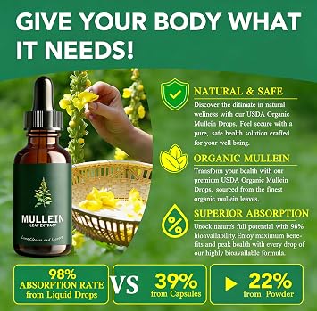 Mullein Leaf Extract Liquid Drops 2-Pack with Chlorophyll, Super Concentrated Tincture for Lung Cleanse & Respiratory Health, Fast Absorption Alcohol-Free Herbal Supplement for Adults