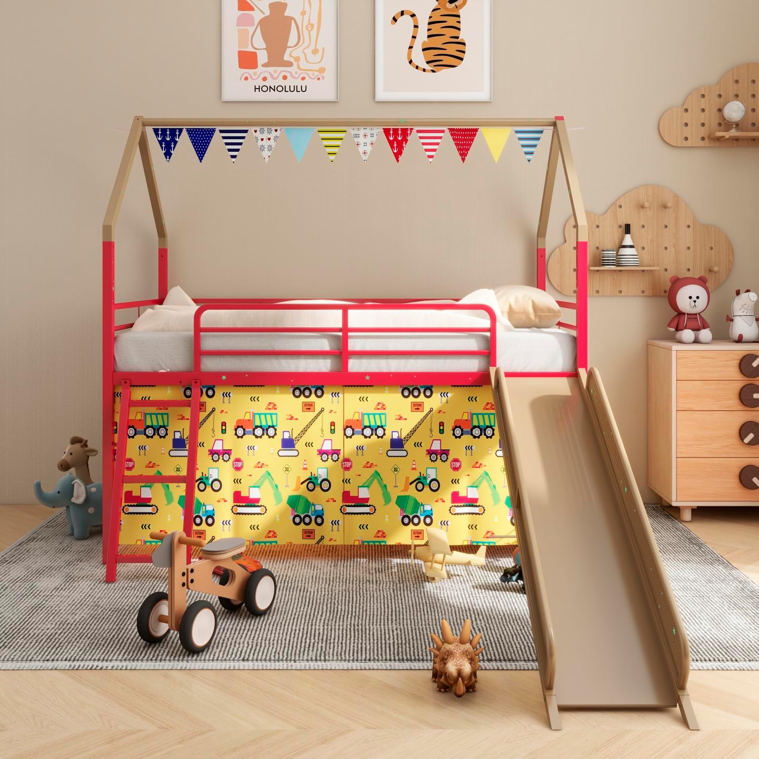Jack Metal Junior House Twin Loft Bed with Slide and Curtain Set Gold Playful Haven with DIY Fun Family-Friendly Kids Room Decor