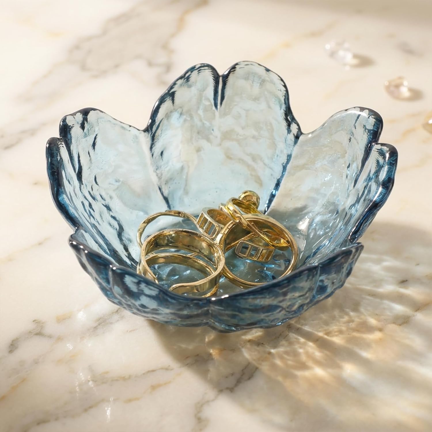Blue Flower Glass Ring Dish, Decorative Glass Trinket Dish Cherry Blossoms Jewelry Ring Tray for Women Girls Bedroom Bathroom Vanity Storing Rings Earrings Keys image 5
