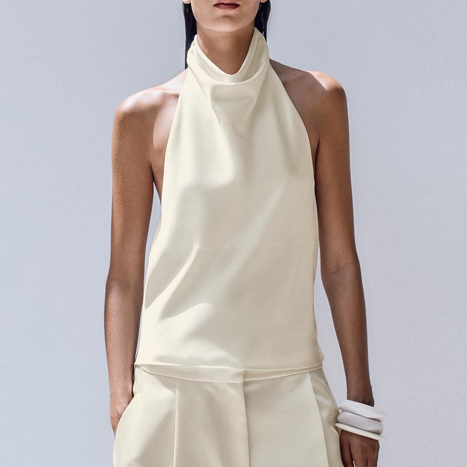 Women's Silk Satin Tank Tops Halter Draped Front Sexy Backless Womens Summer Tops Elegant Camisole Tops - Image 2