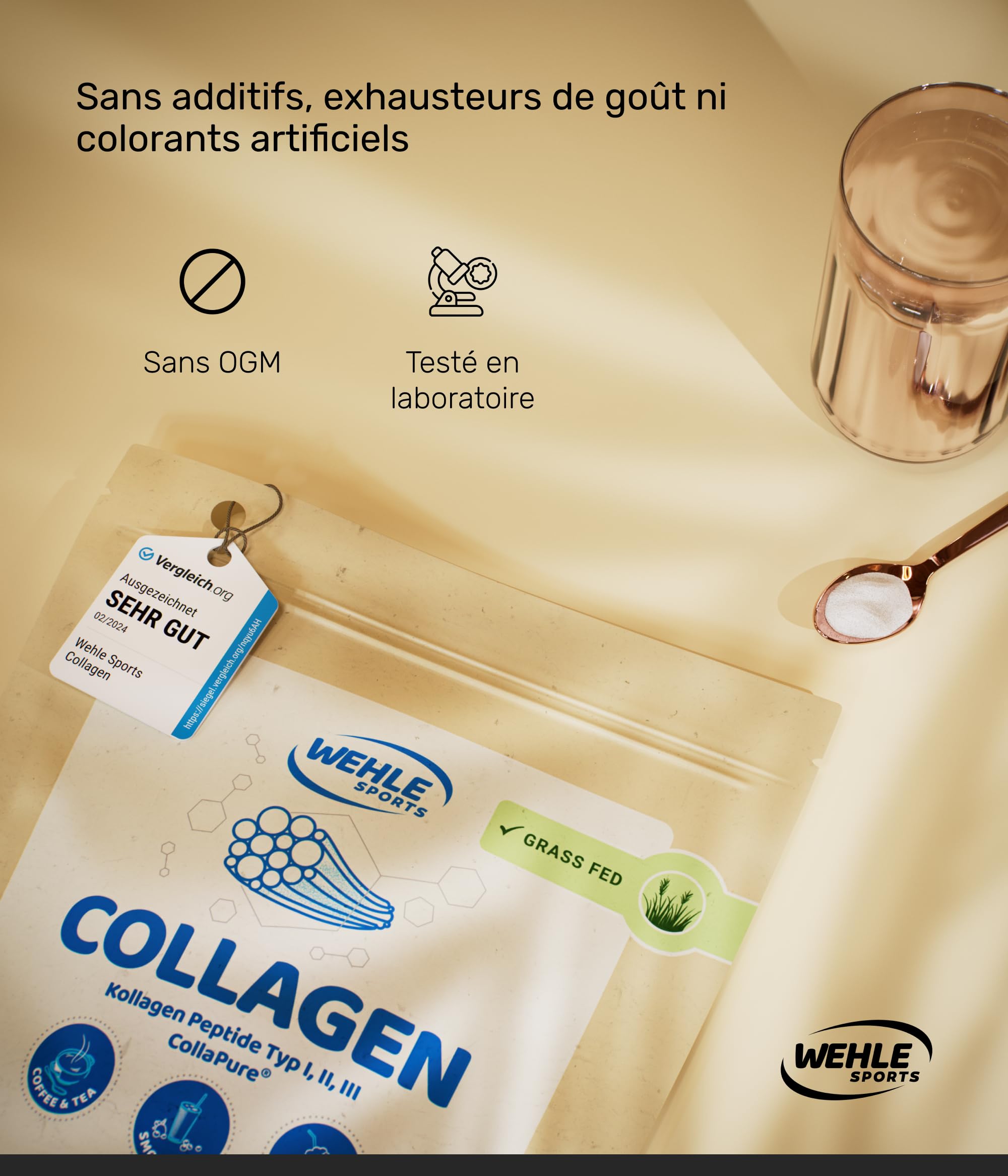 Collagene en poudre 500 g – Peptide de collagene types I, II & III (CollaPure®) – Collagène bovin nourri à l’herbe – Goût neutre – Fabriqué en Allemagne – Wehle Sports Collagen