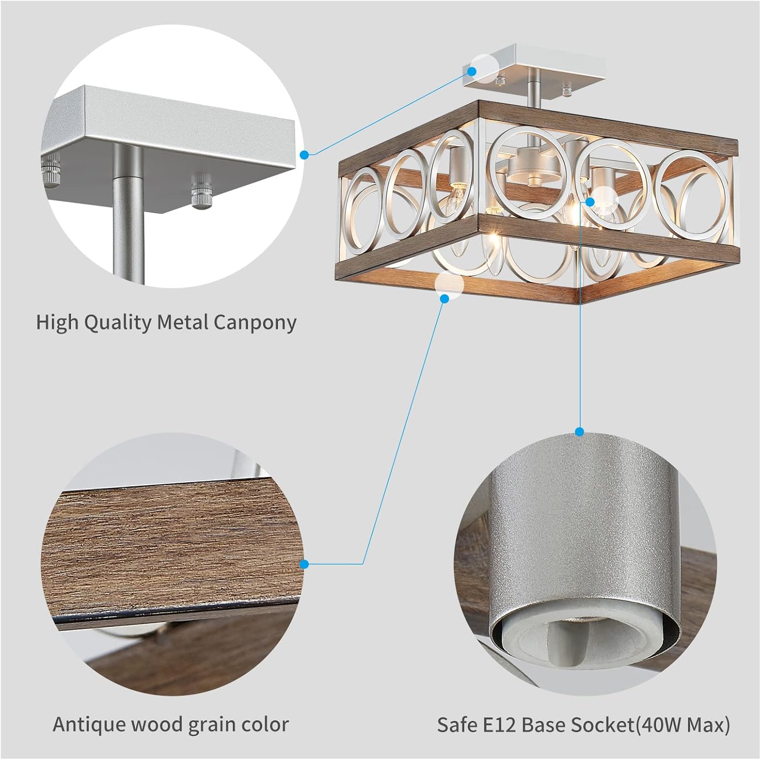 XINGQI Square Ceiling Lights 13'' Farmhouse Semi Flush Mount Ceiling Light Fixture Rustic Chandelier for Living Dining Room Bedroom, Antique Wood Grain & Brushed Nickel Finish, 4 E12 Bulbs