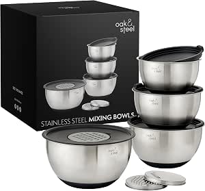 Bellemain Ciotole In Acciaio Inox Antiscivolo Con Coperchi In Silicone – Set 3 Pezzi 1,5L / 3L / 5L – Argento/nero