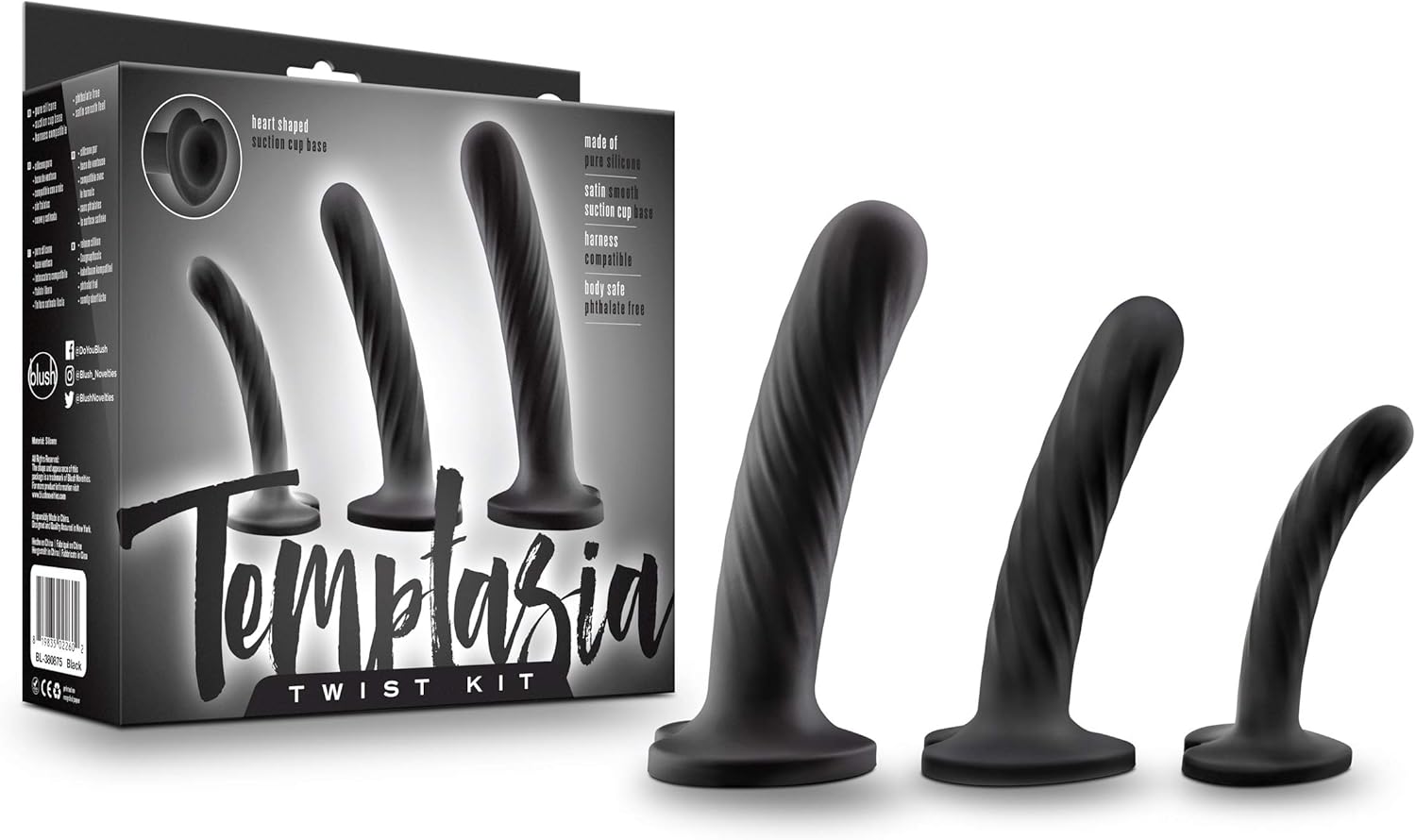 Blush Novelties Temptasia Twist Dilator Kit - Silicone Anal Dildo - 3 Progressing Training Sizes - Premium Puria Platinum Cured Vagina Exerciser - UltraSilk Heart Shaped Suction Cup Harness Compatible