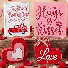 4 Pcs Valentines Day Decor Valentine's Day Wooden Heart Block Romantic Freestanding Truck and Love Arrow Block Table Centerpieces Sign Tiered Tray Table Decorations for Farmhouse Home Shelf