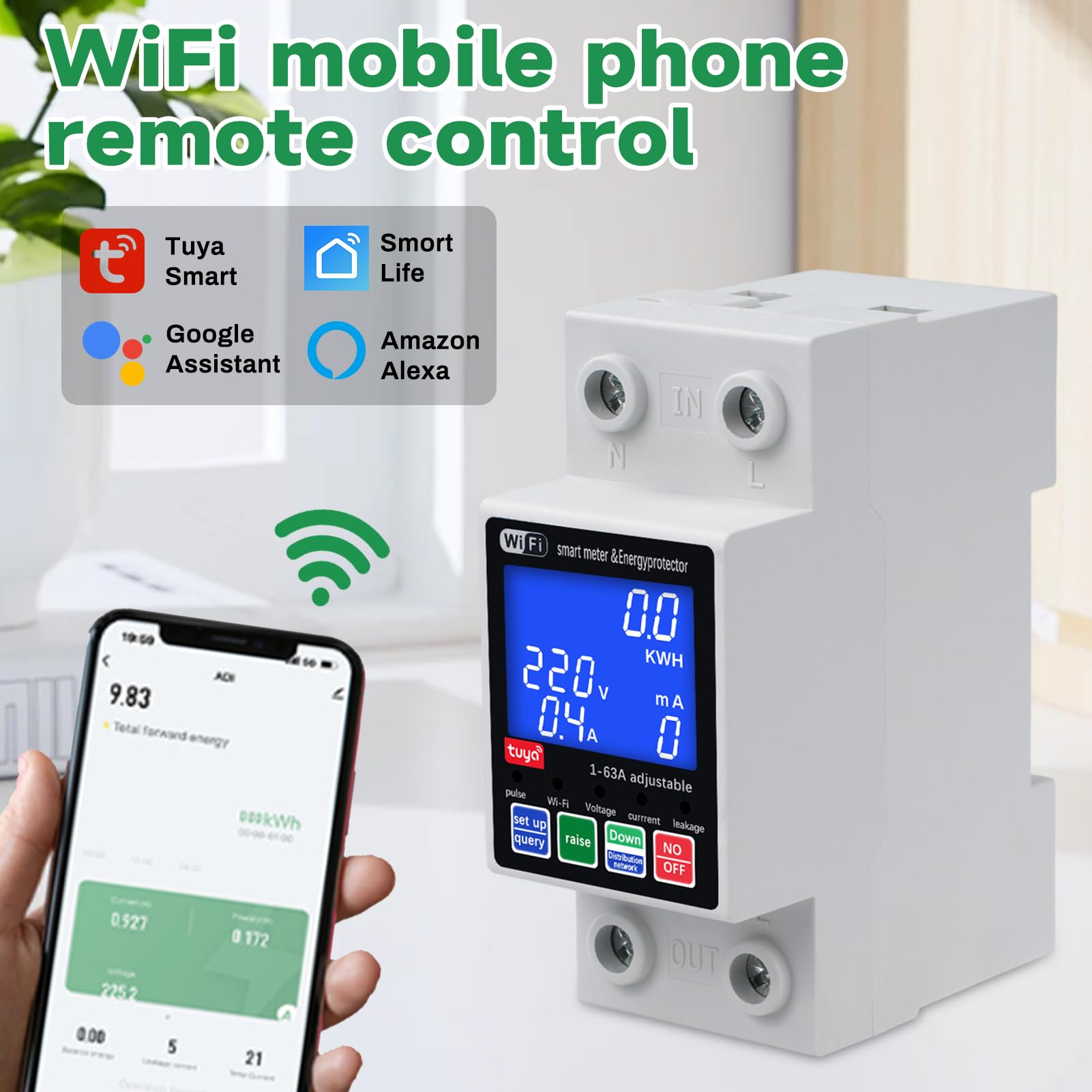DEWIN Miernik zużycia energii WiFi, AC230V 63A Tuya Smart WiFi WiFi Regulowany miernik zużycia energii elektrycznej WiFi Ochrona przed przepięciem i podnapięciem z wyświetlaczem LCD(regulowane