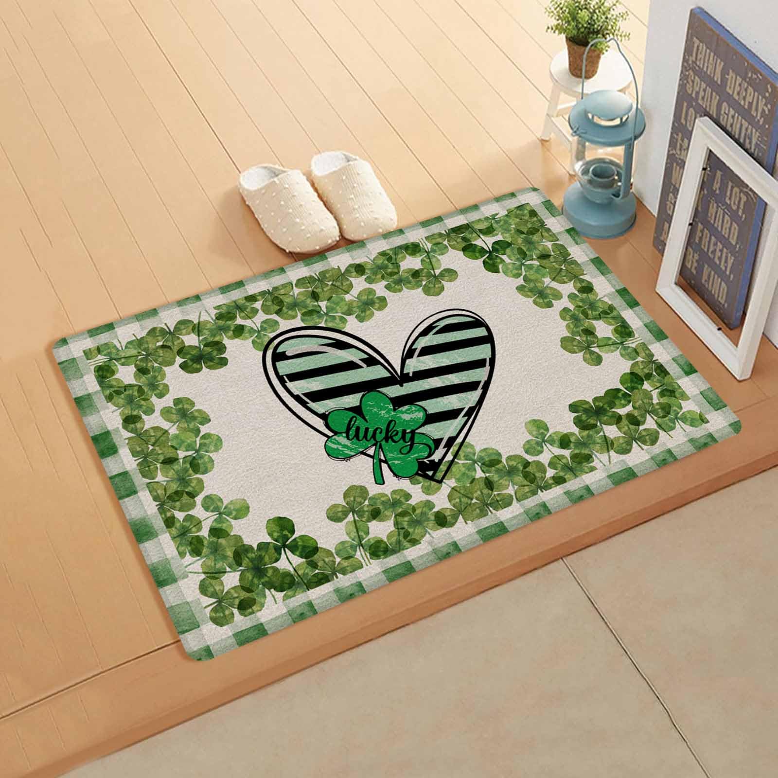 St. Patrick's Day Kitchen Bath Door Mat Cushioned Runner Rug,Washable Welcome Floor Sink Antifatigue Mat,Waterproof & Non-Slip Comfort Standing Doormat,Stripes Plant Love Buffalo Plaid Green 18