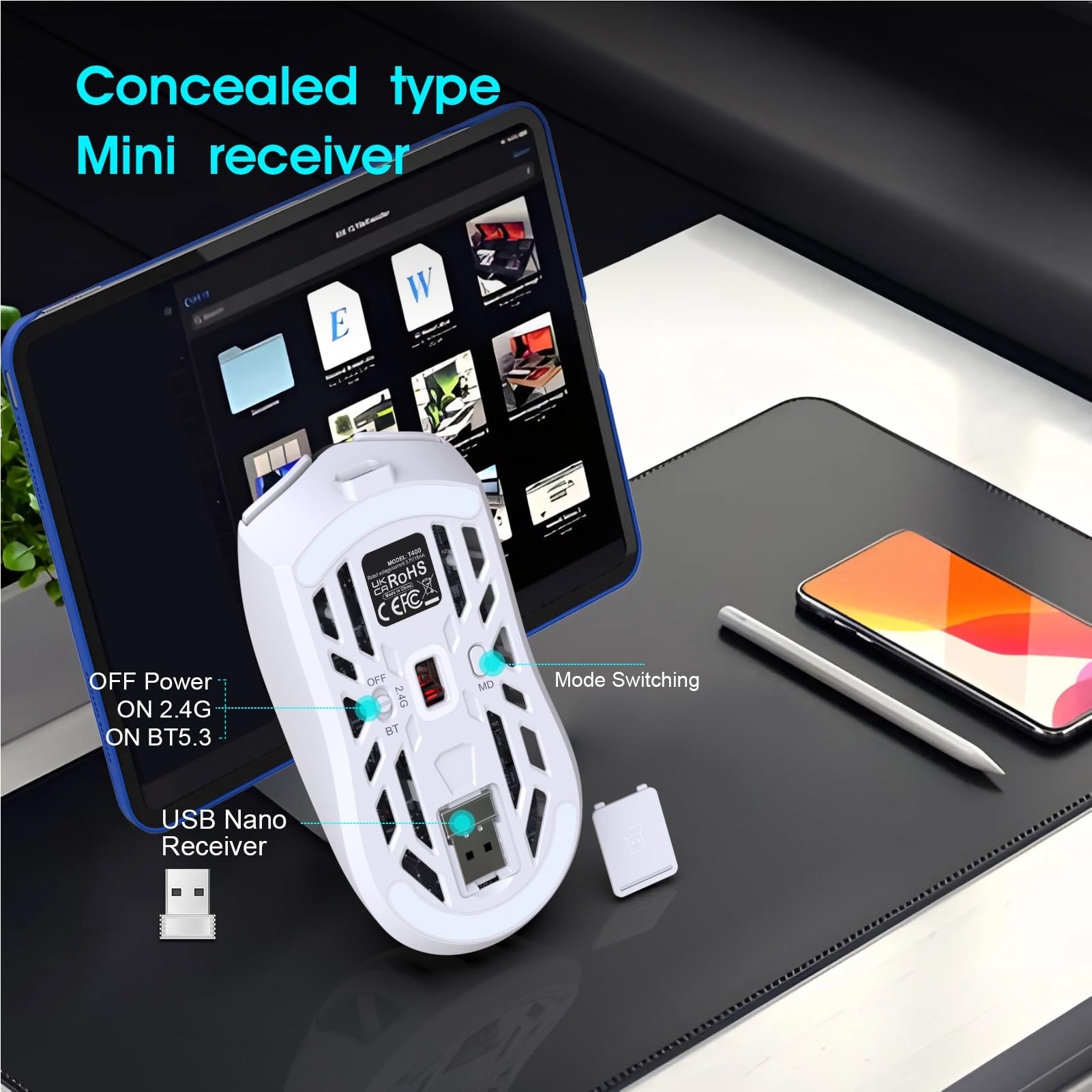 Ratón Gaming Inalámbrico Tri-Modo 2.4G/BT5.3/Cable, Luz Intermitente de 7 Colores 10000DPI Programable, Recargable Batería 500mAh, Ligero 75g para PC Portátil Mac