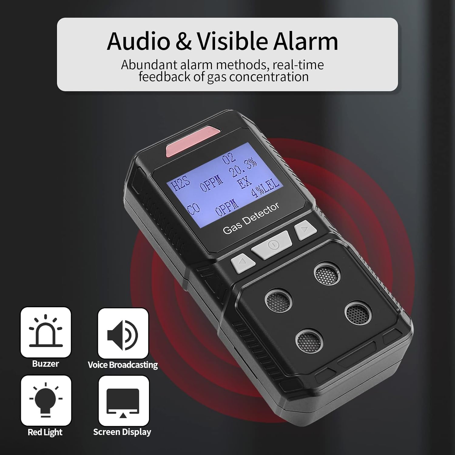 Seesii 4-in-1 Portable Gas Detector displaying its audio and visible alarm features