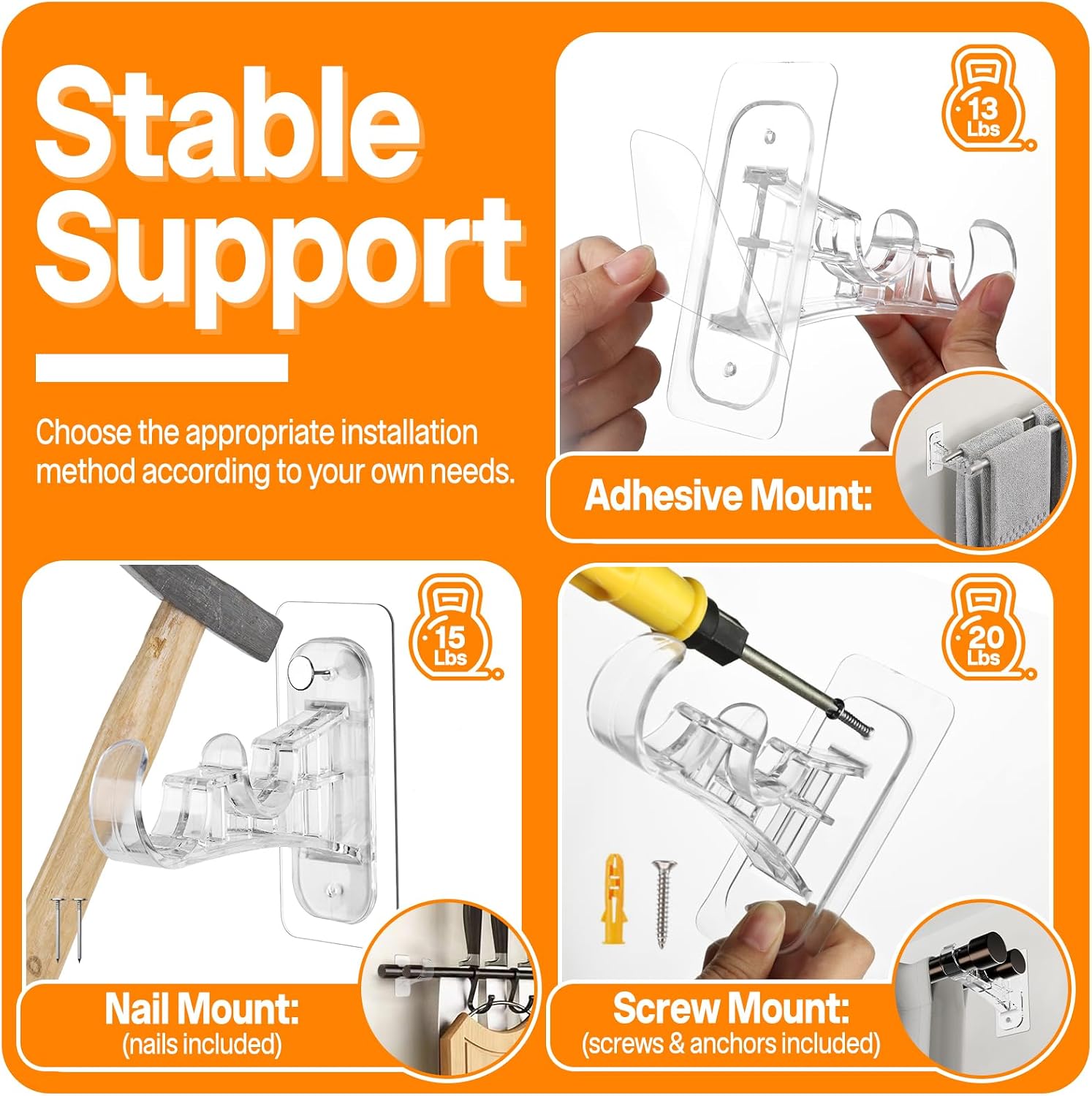 Antimbee 6-Pack Double Curtain Rod Bracket, Adhesive No Drill Curtain Rod Holders, Double Brackets Hooks Easy Stick on, No Drilling Nail Free Pole Hanger for Bathroom, Living Room, Kitchen