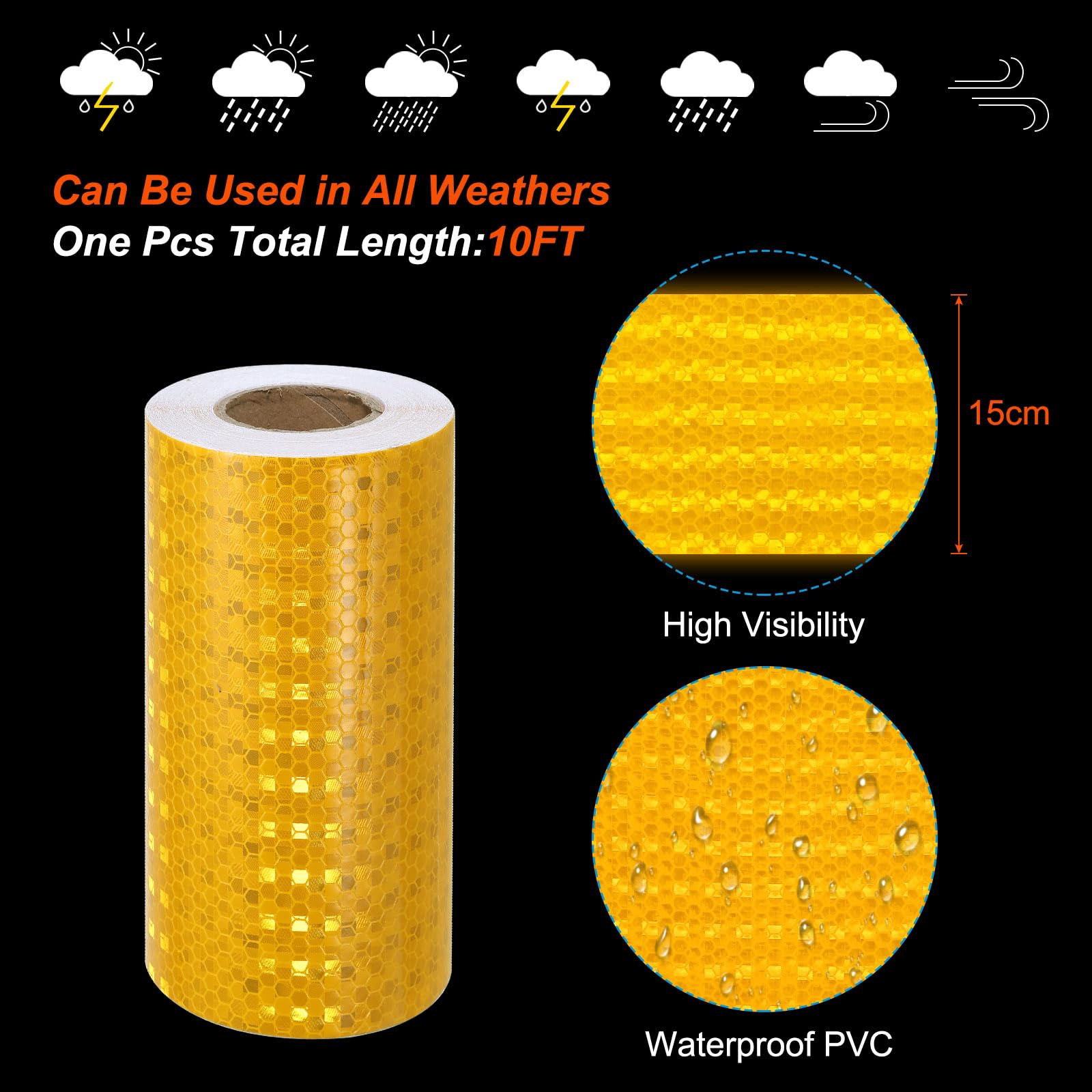 PATIKIL Réfléchissant Ruban Adhésif, 6" x 33 FT Imperméable Adhésif Haute Visibilité Avertissement Sécurité Bande Externe Accessoires Bien Visible pour Voitures Camions, Jaune