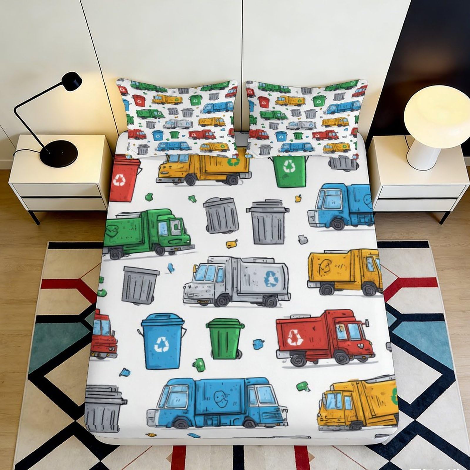 3D Printed Garbage Truck Fitted Sheet Microfiber Soft Anti-Slip Trash Bin Mattress Cover for Bedroom Dorm Easy Care 180x200x25cm
