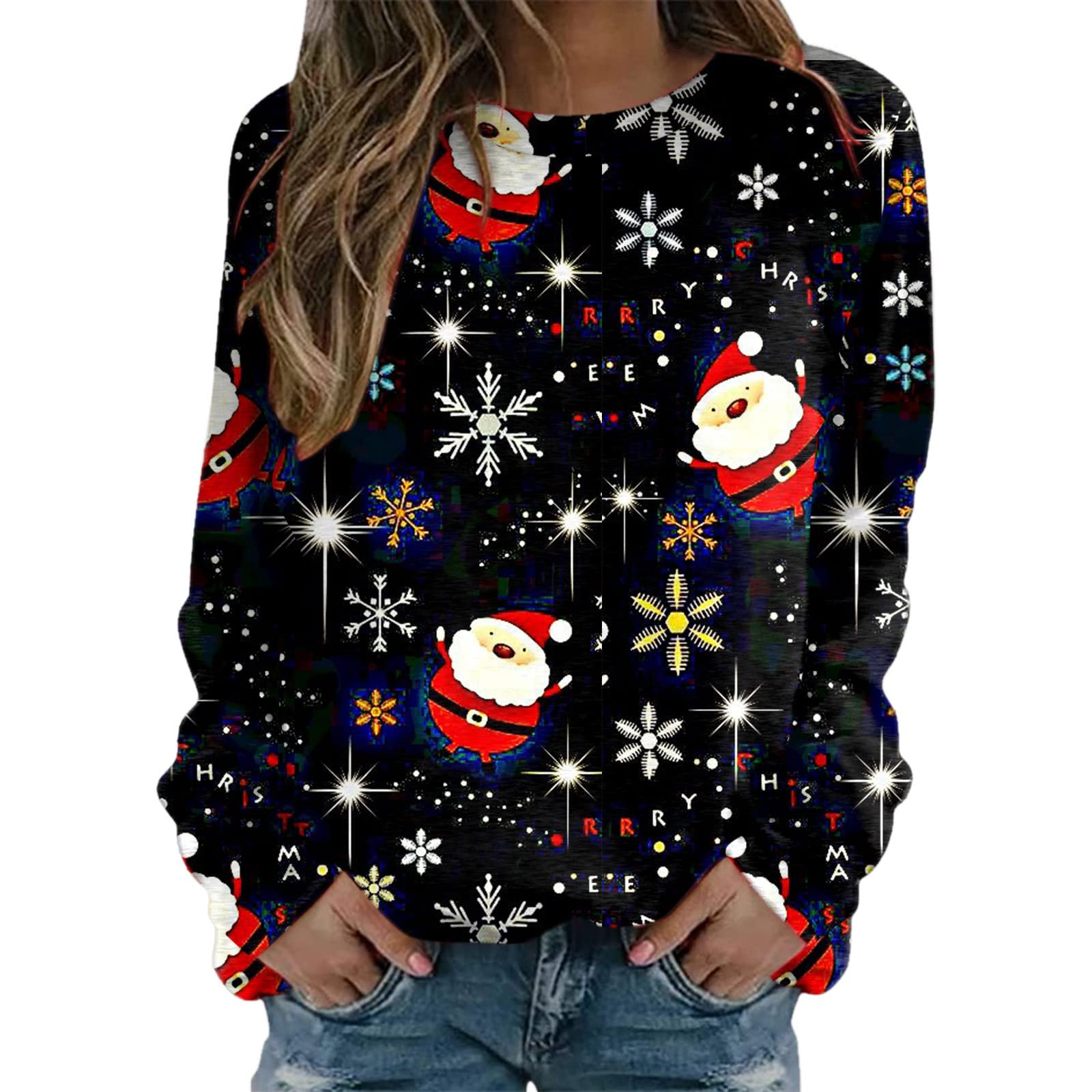 Sweatshirt femme Noël imprimé pull ample manches longues casual