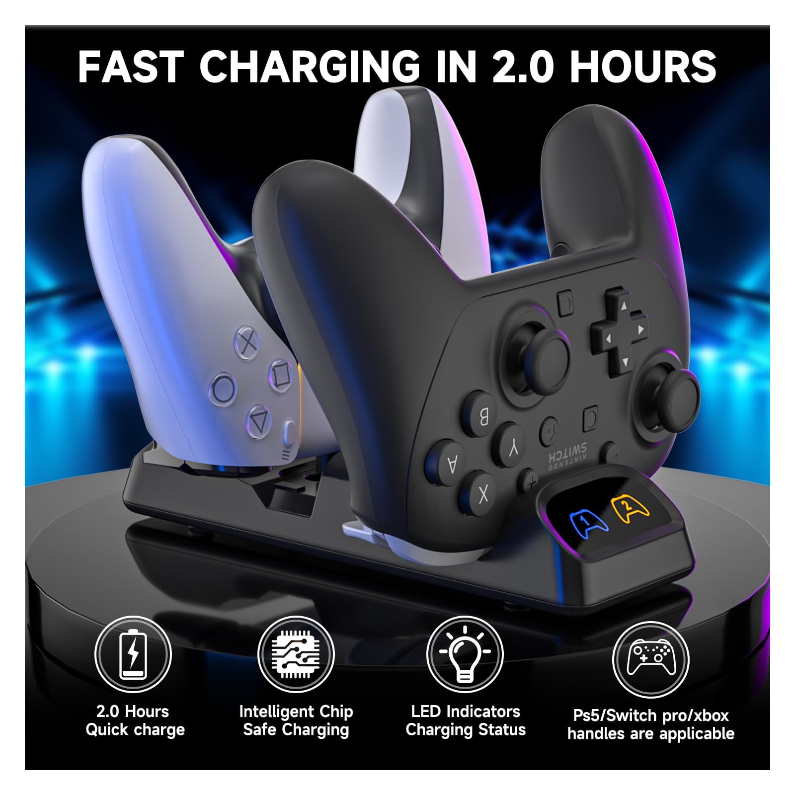 ECHZOVE Station de charge pour manette Switch 2 Pro - Double station de charge rapide pour Nintendo Switch Pro, PS5, Xbox Series X/S - Affichage d'état LED, adaptateur de type C, design compact