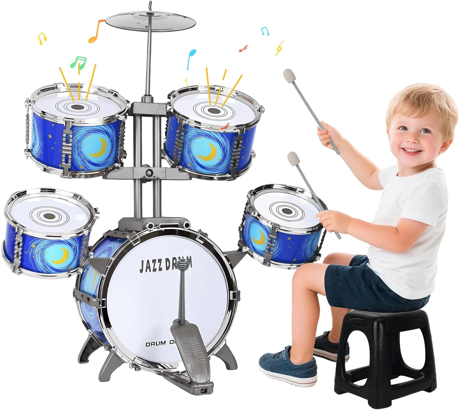 upgraded kids drum set for toddlers 3-5 – plastic jazz drum with stool musical toy birthday xmas gift for 3 4 5 6 boys & girls standard style