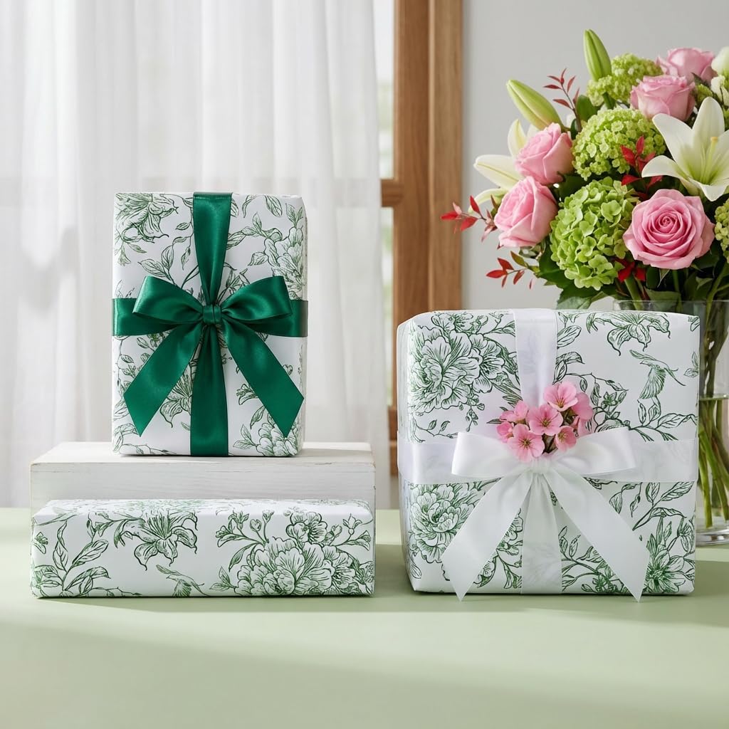VCOOHM Green Floral Wrapping Paper Roll - 17 Inches x 9.8 Feet - Vintage Green Wrapping Paper for Birthday, Wedding, Bridal Shower, Chrismtas and Mother's Day Gifts - Image 5