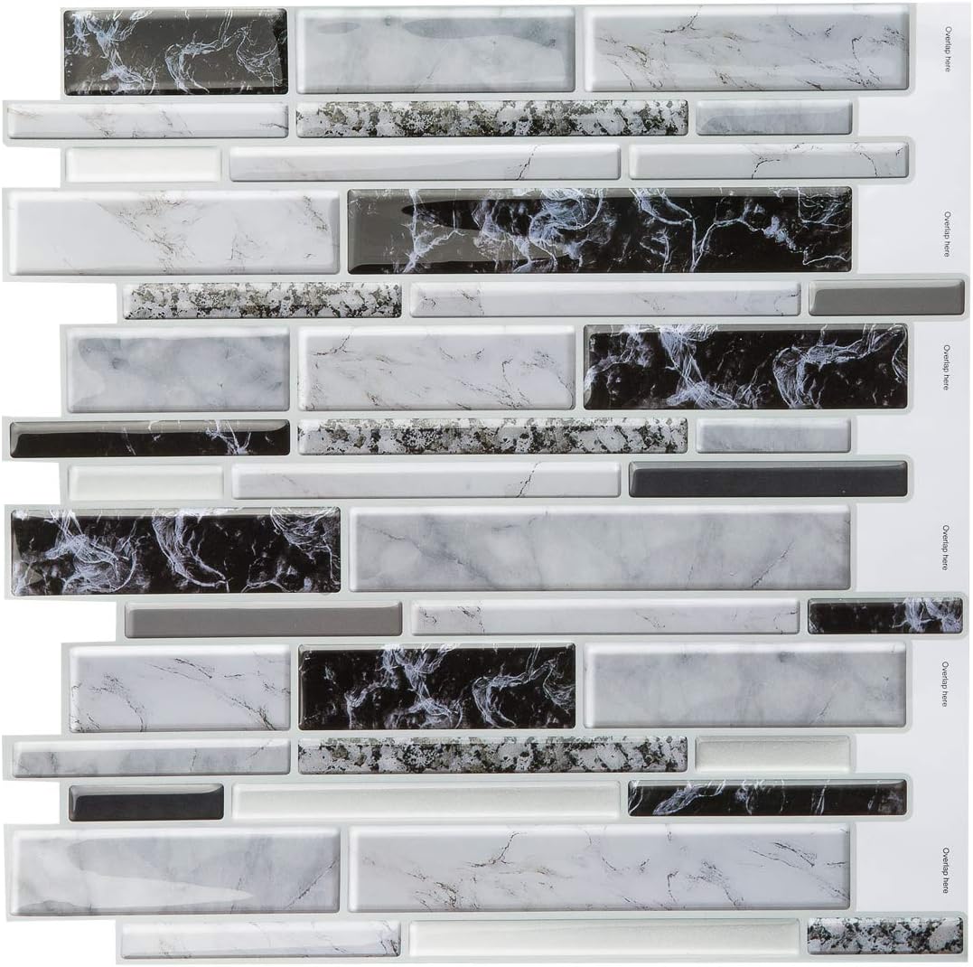 3D Marble Tile Peel and Stick Backsplash (Long Shape - Marble White & Black 10pc/Pack) for Kitchen, Bathroom, Wall Covering, Self Adhesive Vinyl Tile , Flex Tile Stick On Removable