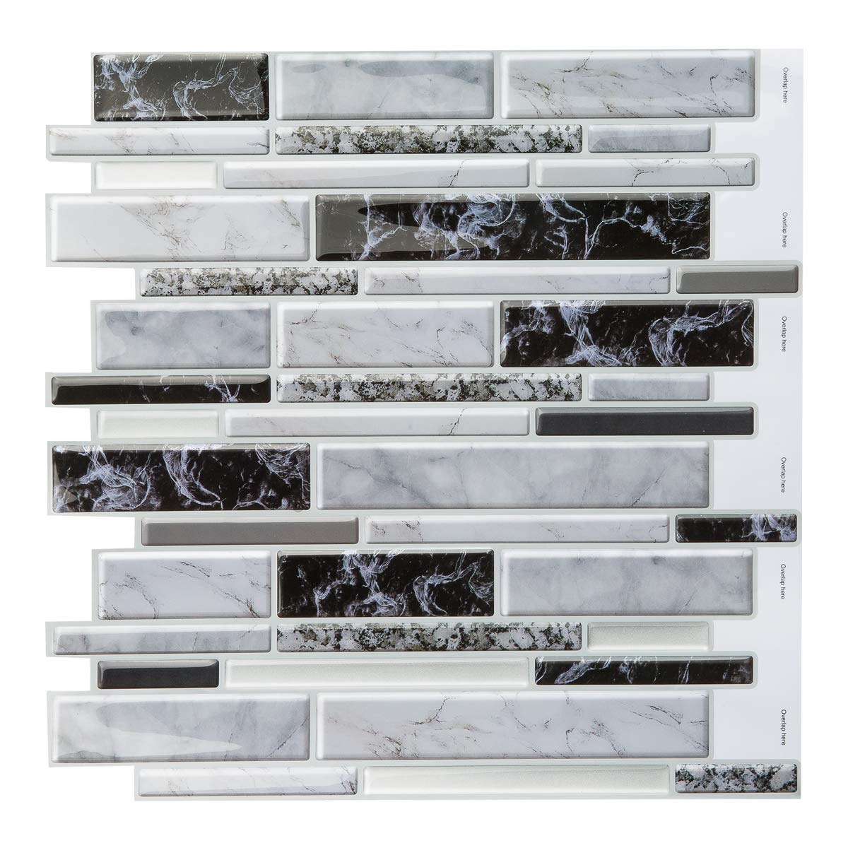 3D Marble Tile Peel and Stick Backsplash (Long Shape - Marble White & Black 10pc/Pack) for Kitchen, Bathroom, Wall Accents, Self Adhesive Vinyl Marble Tile Vinyl, Flex Tile Stick On