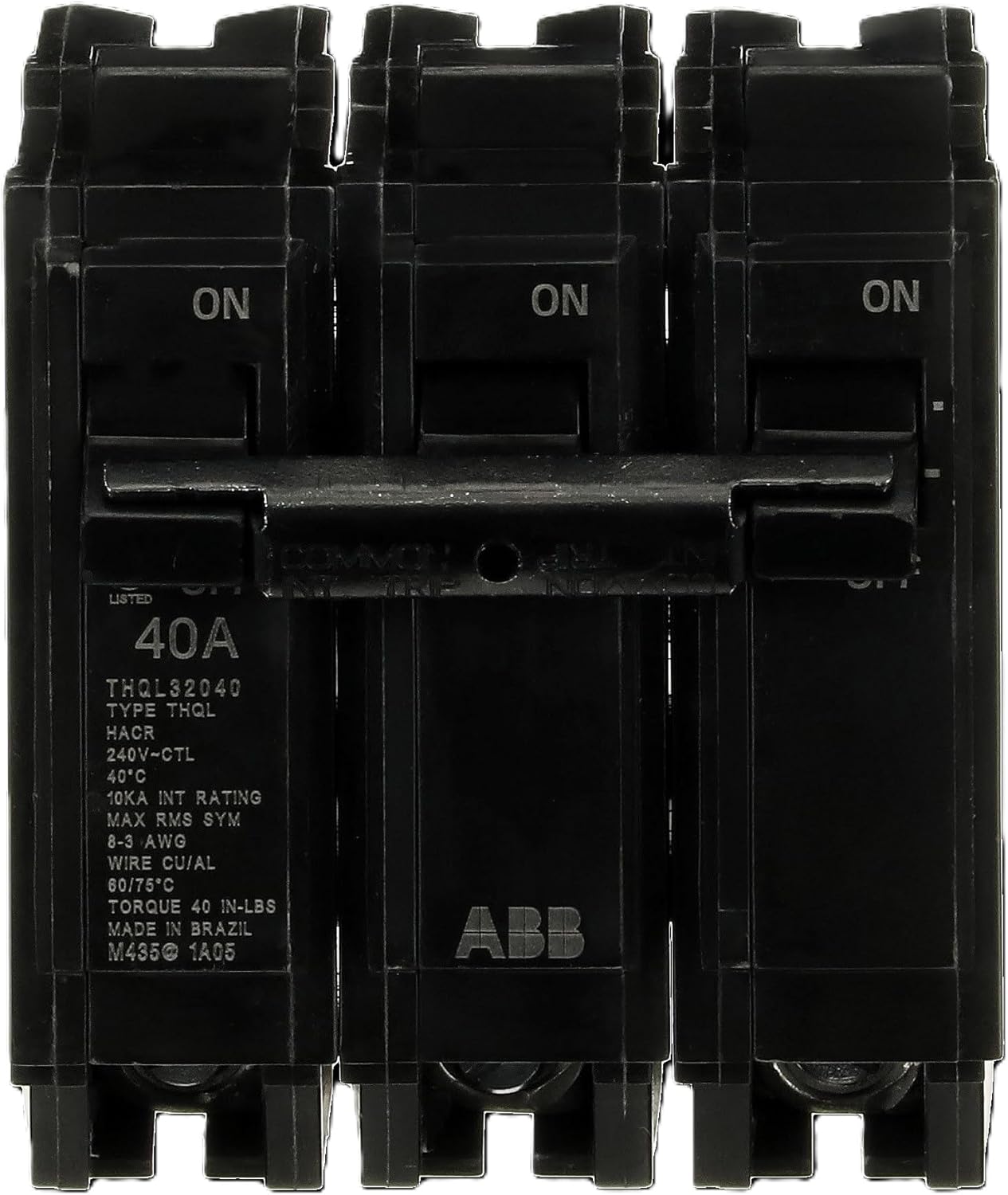ABB Q-Line® THQL32040 Circuit Breaker • 40 Amp 3-Pole Breaker • 120/240 VAC • 10 kAIC Interrupt Rating • Thermal Magnetic Plug-On Breaker for Load Centers
