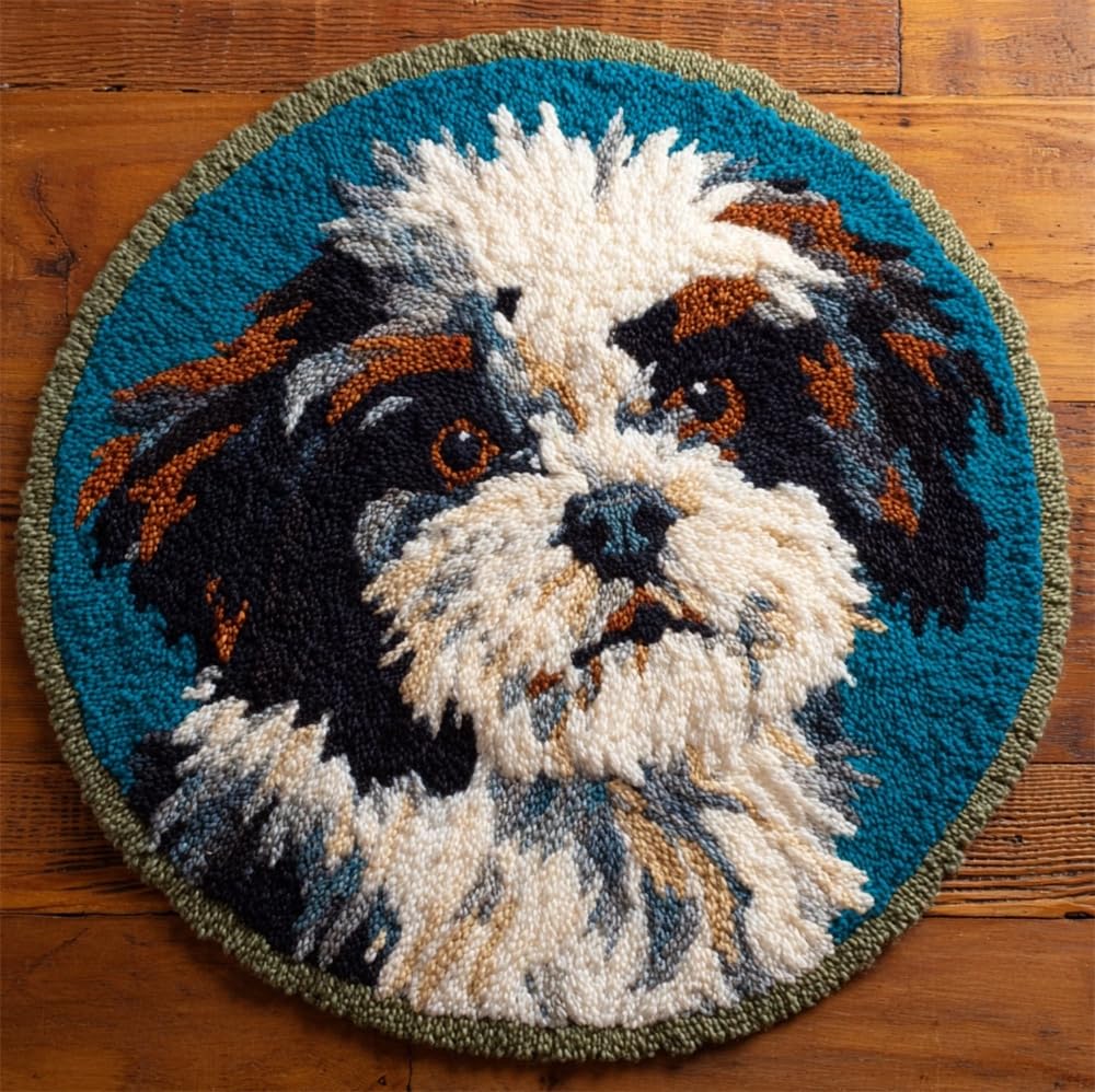 kitphoenix DIY Cushion Carpet Floor Mat Rug Shih Tzu Dog 20X20Inch (50X50Cm) Round Latch Hook Kits Sofa Seat Cover Hand Craft Cartoon Round Crocheting Baby Gift