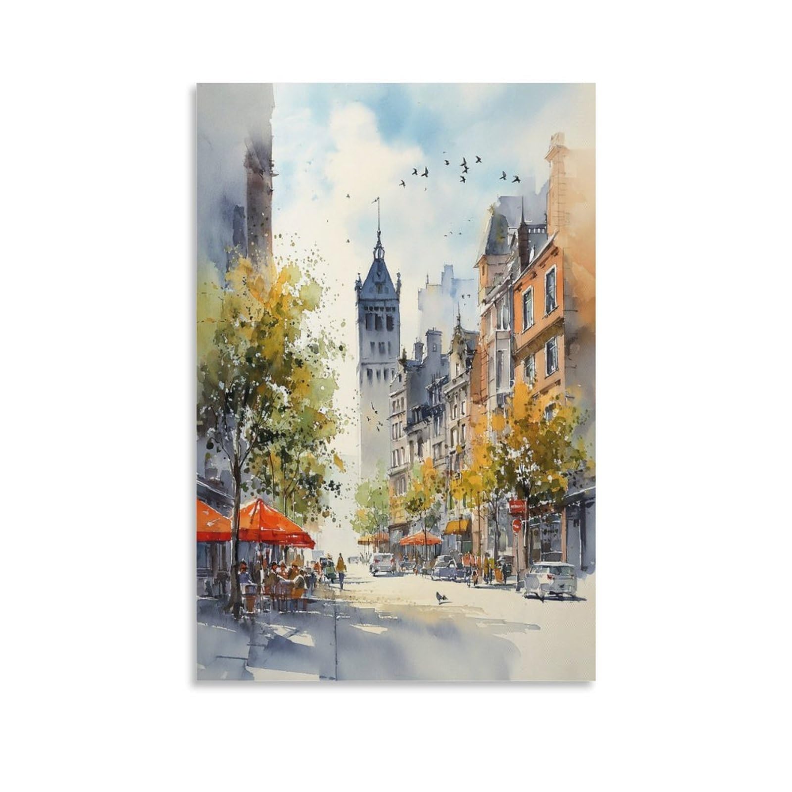 XWYMXZ Boston Skyline Watercolor Painting Mid-Century Modern Massachusetts Travel Poster 24x36inch(60x90cm) Vintage Watercolor Canvas Art