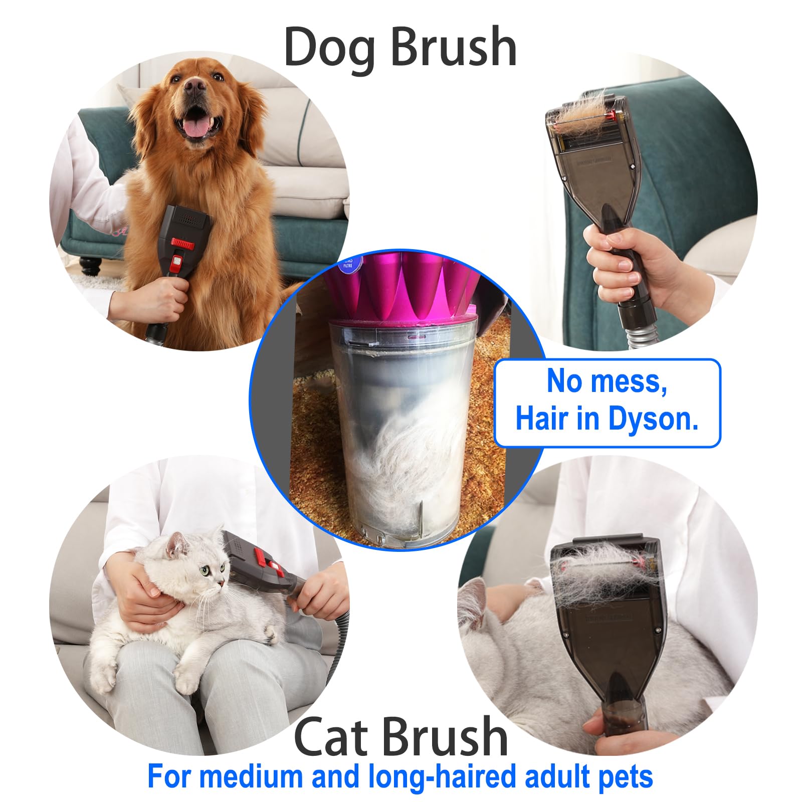 Pet Shedding Brush Kit Compatible with Dyson V15 V11 V10 V8 V7 V6, Vacuum Attachment as Cat and Dog Hair Grooming Brush with 1.0 m Extension Hose plus Converting Adapter