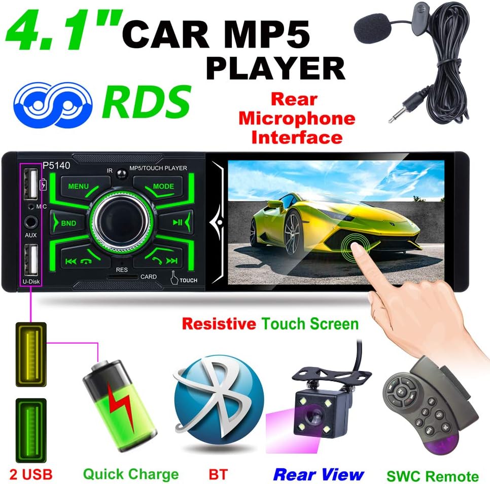 Hoidokly Bluetooth Car Radio With 4.1" Touchscreen & Rear View Camera, Single Din Car Stereo With 2 USB Fast Charging And A2DP Bluetooth, FM/AM/RDS Support Rearview Camera USB Head Unit +microphone