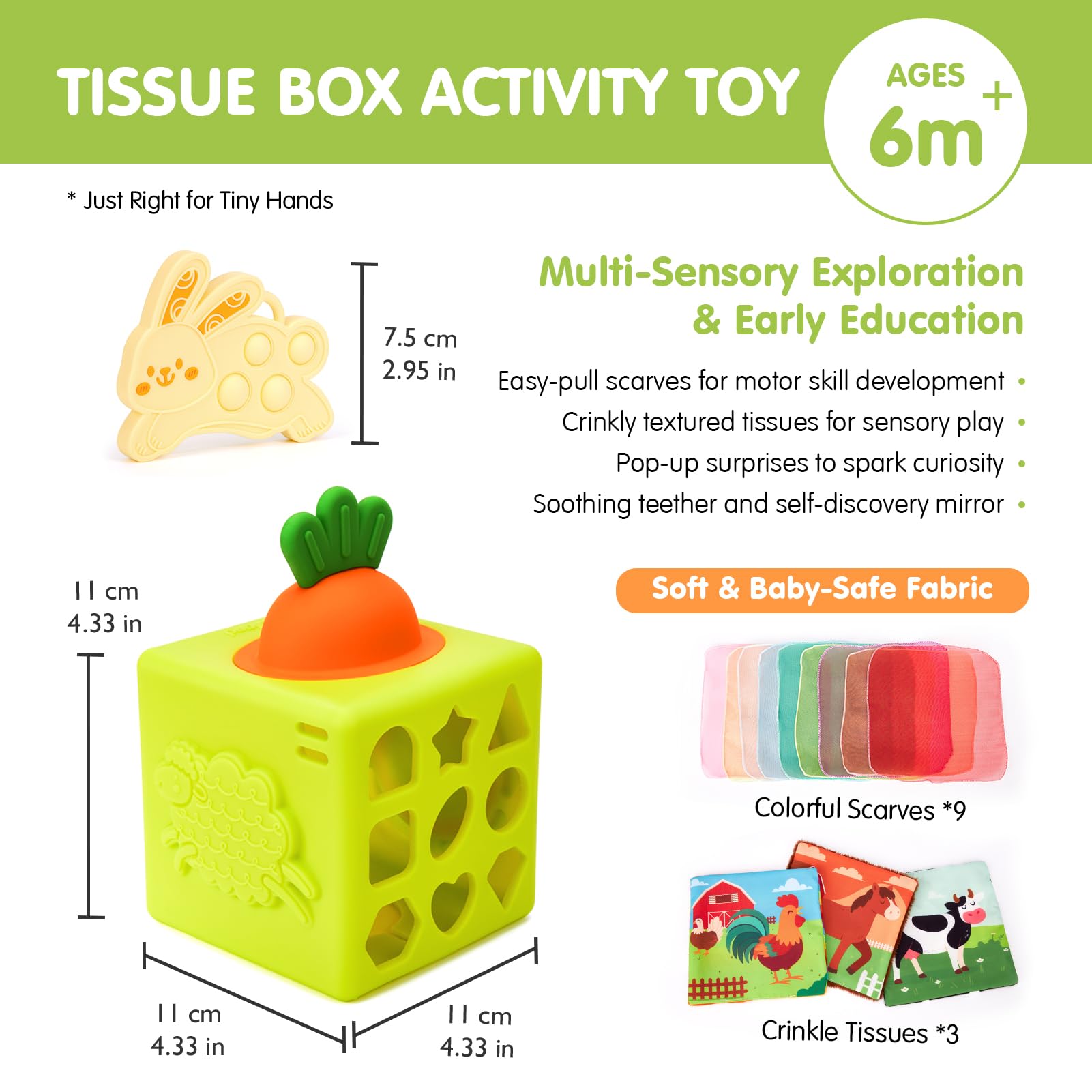 hahaland Jouet Montessori Bebe 6-12 Mois – Boite Mouchoir Bebe – Jouet sensoriel 6 en 1 avec lingettes, Miroir, Anneau de Dentition, Cadeau bébé Fille Garcon 1 an