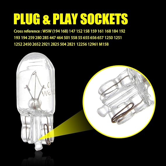 Tesnaao Pack-10 T10 Car Brake Lights, T10 168 192 12V 5WDouble-wire Vehicle Turn Signal Tail Light Replacements, Universal Waterproof Automotive Lighting Accessories for Truck SUV Car (White Light)